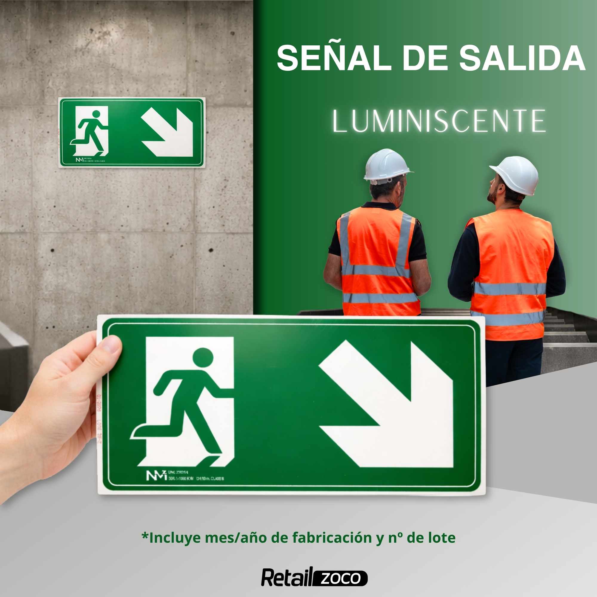 Señal Salida Abajo Derecha Luminiscente Clase B PVC 32 x 16cm - imagen 2
