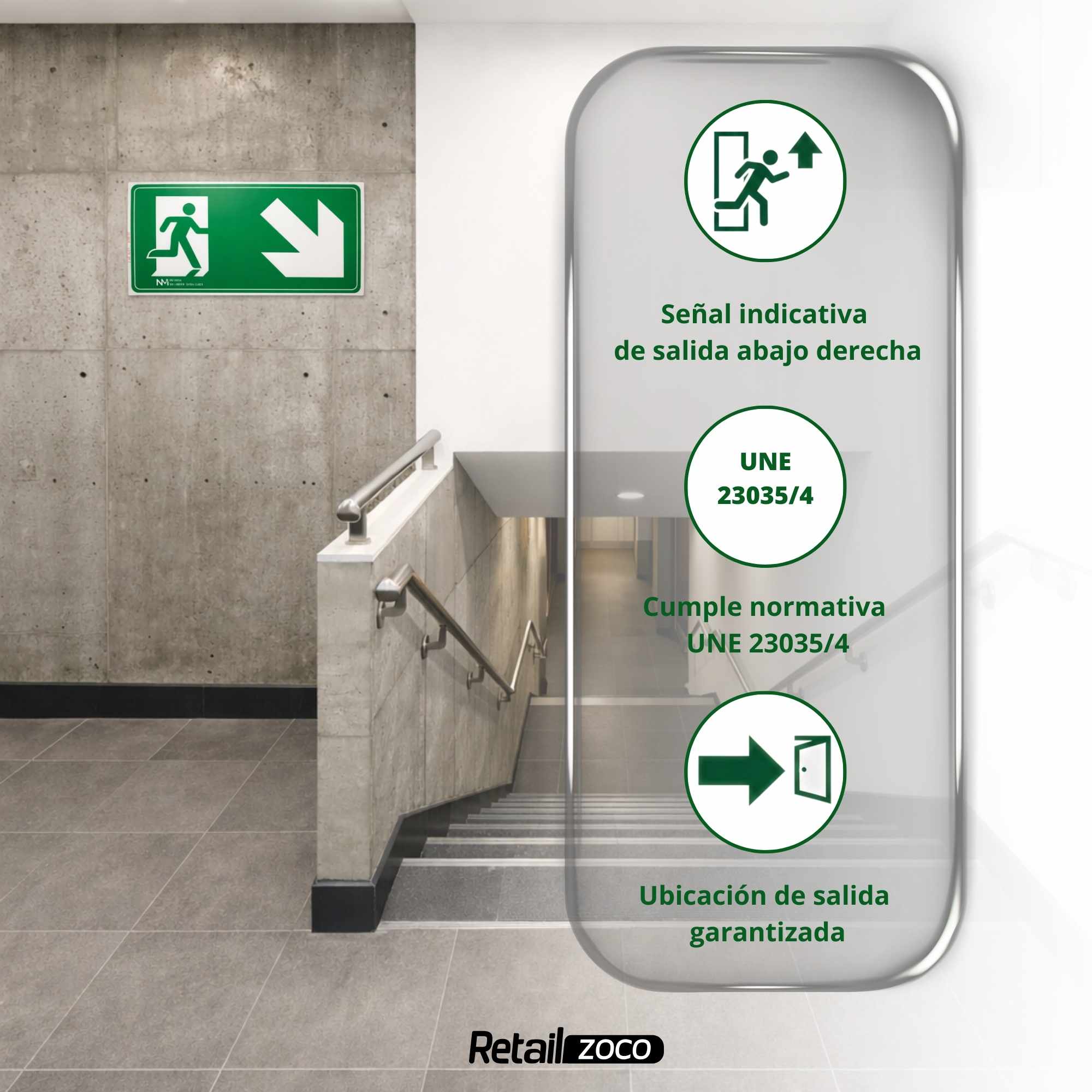 Señal Salida Abajo Derecha Luminiscente Clase B PVC 32 x 16cm - imagen 3