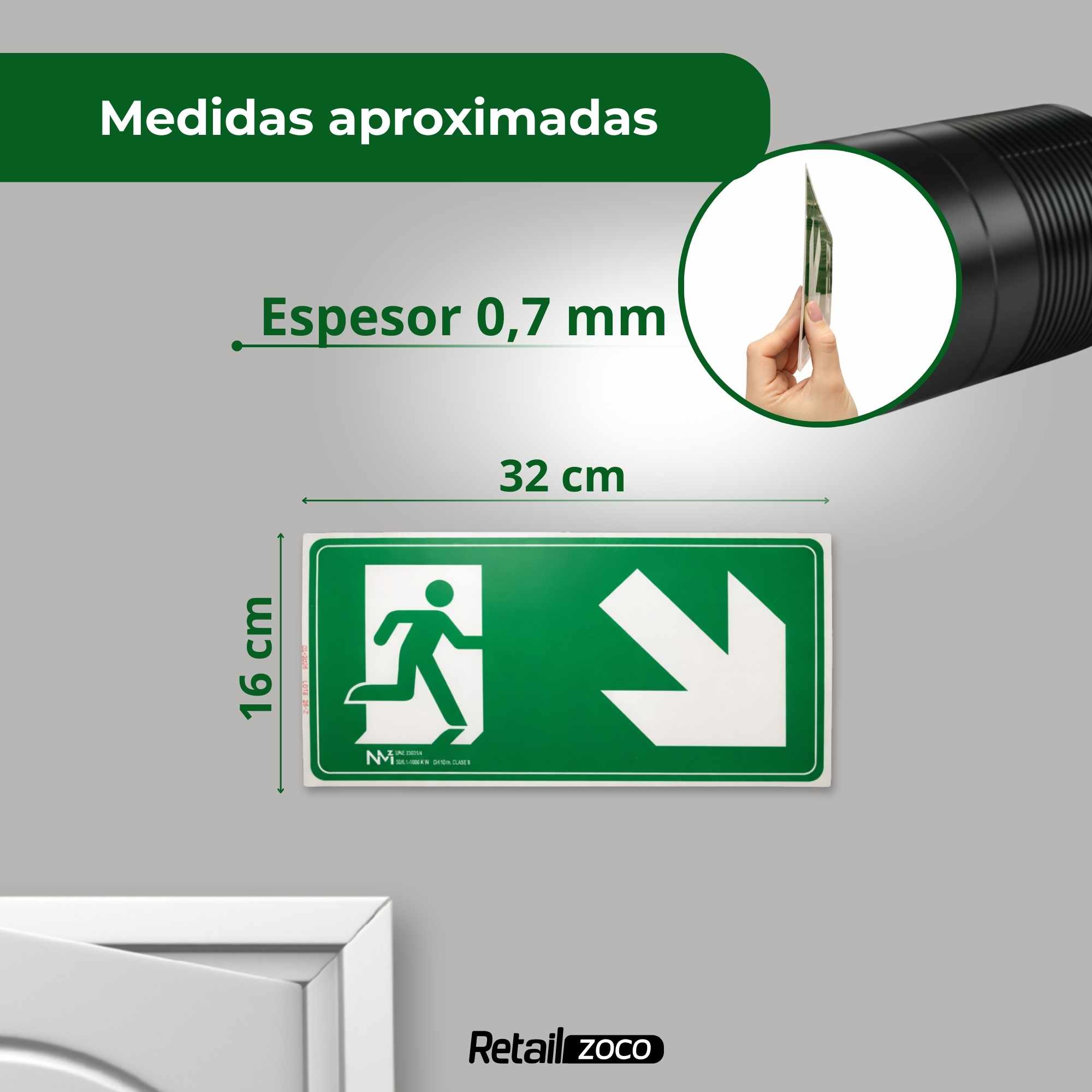 Señal Salida Abajo Derecha Luminiscente Clase B PVC 32 x 16cm - imagen 4