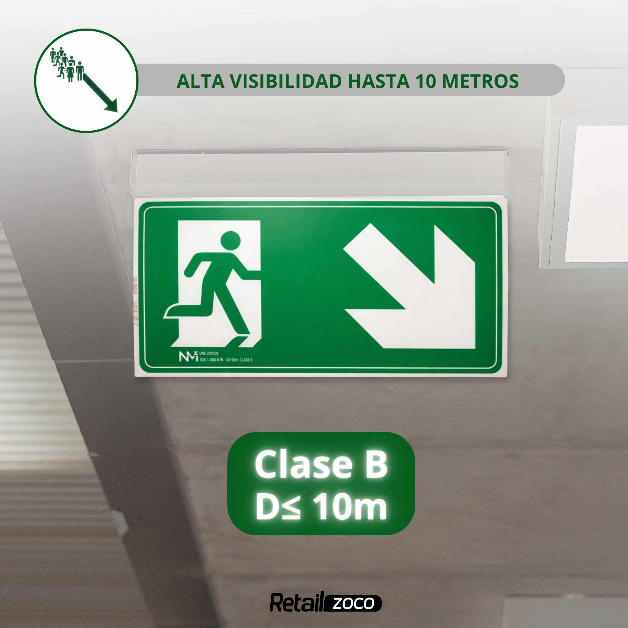 Señal Salida Abajo Derecha Luminiscente Clase B PVC 32 x 16cm - imagen 6