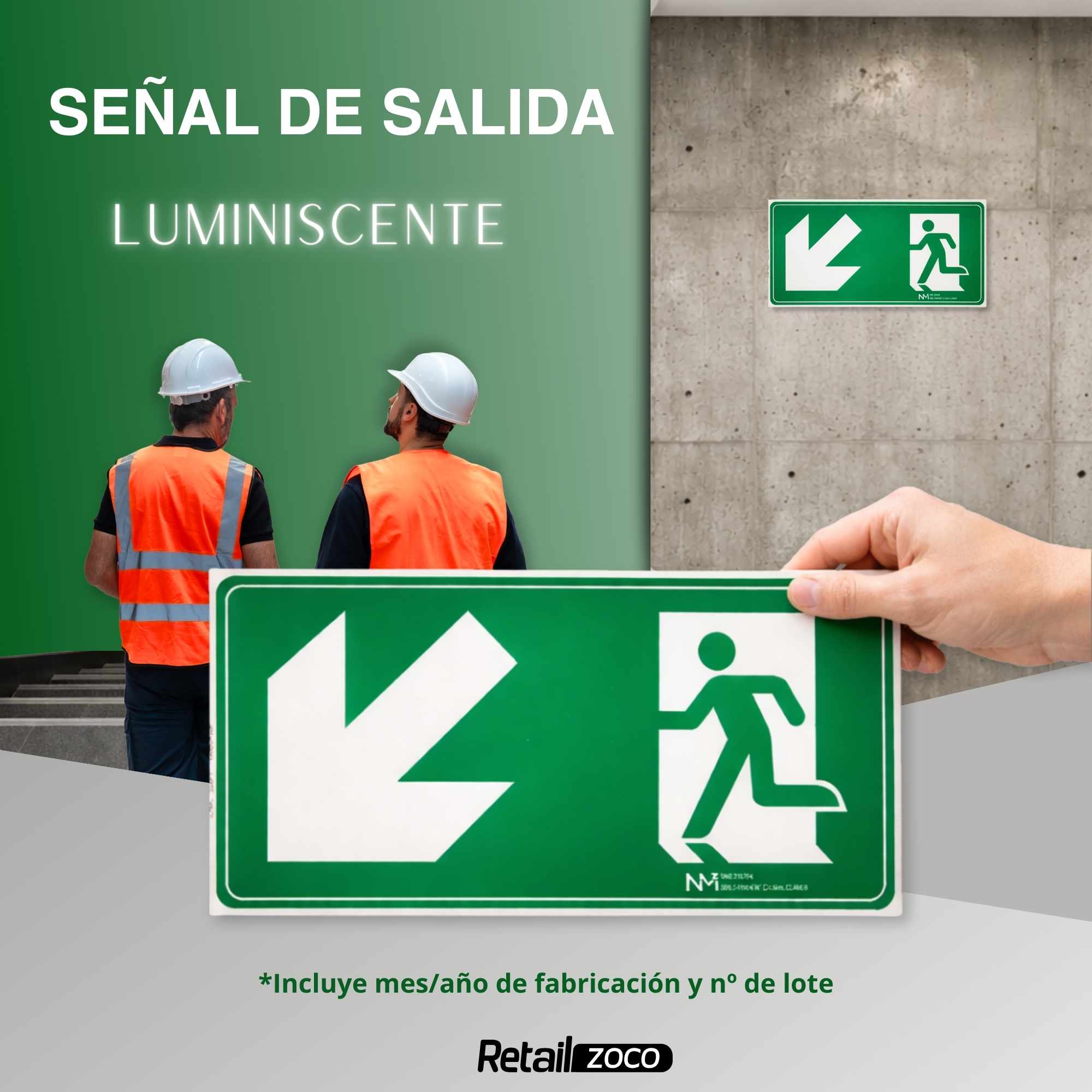 Señal Salida Abajo Izquierda Luminiscente Clase B PVC 32 x 16 cm - imagen 2