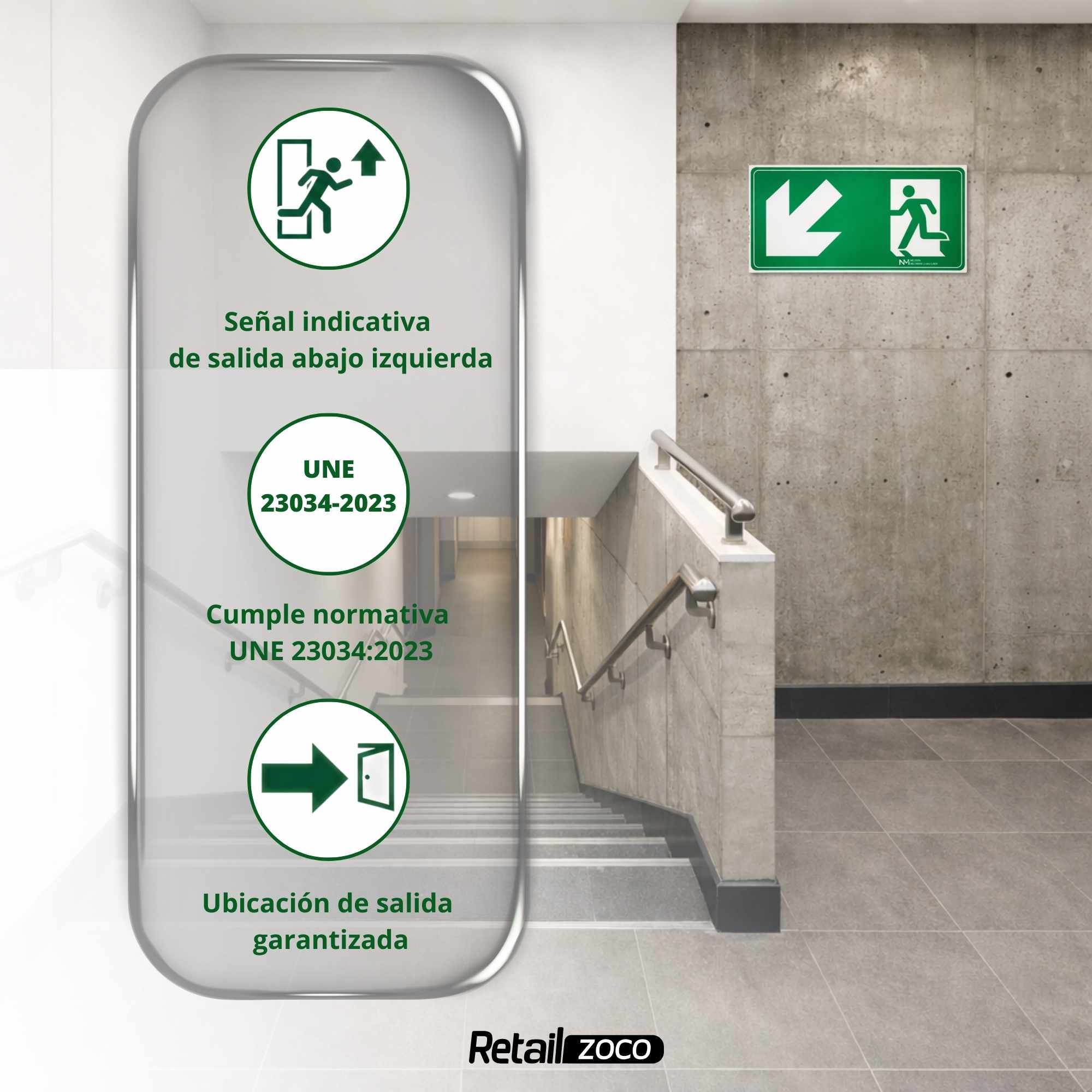 Señal Salida Abajo Izquierda Luminiscente Clase B PVC 32 x 16 cm - imagen 3