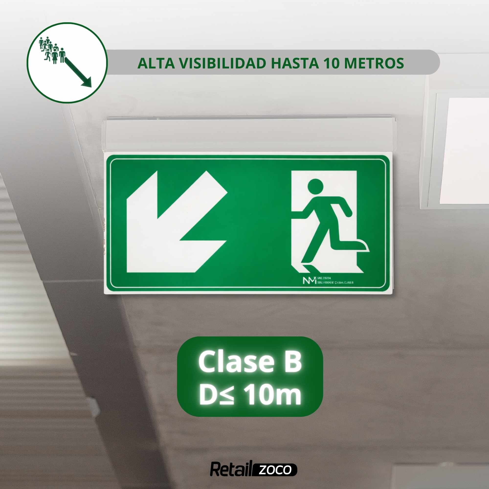 Señal Salida Abajo Izquierda Luminiscente Clase B PVC 32 x 16 cm - imagen 4