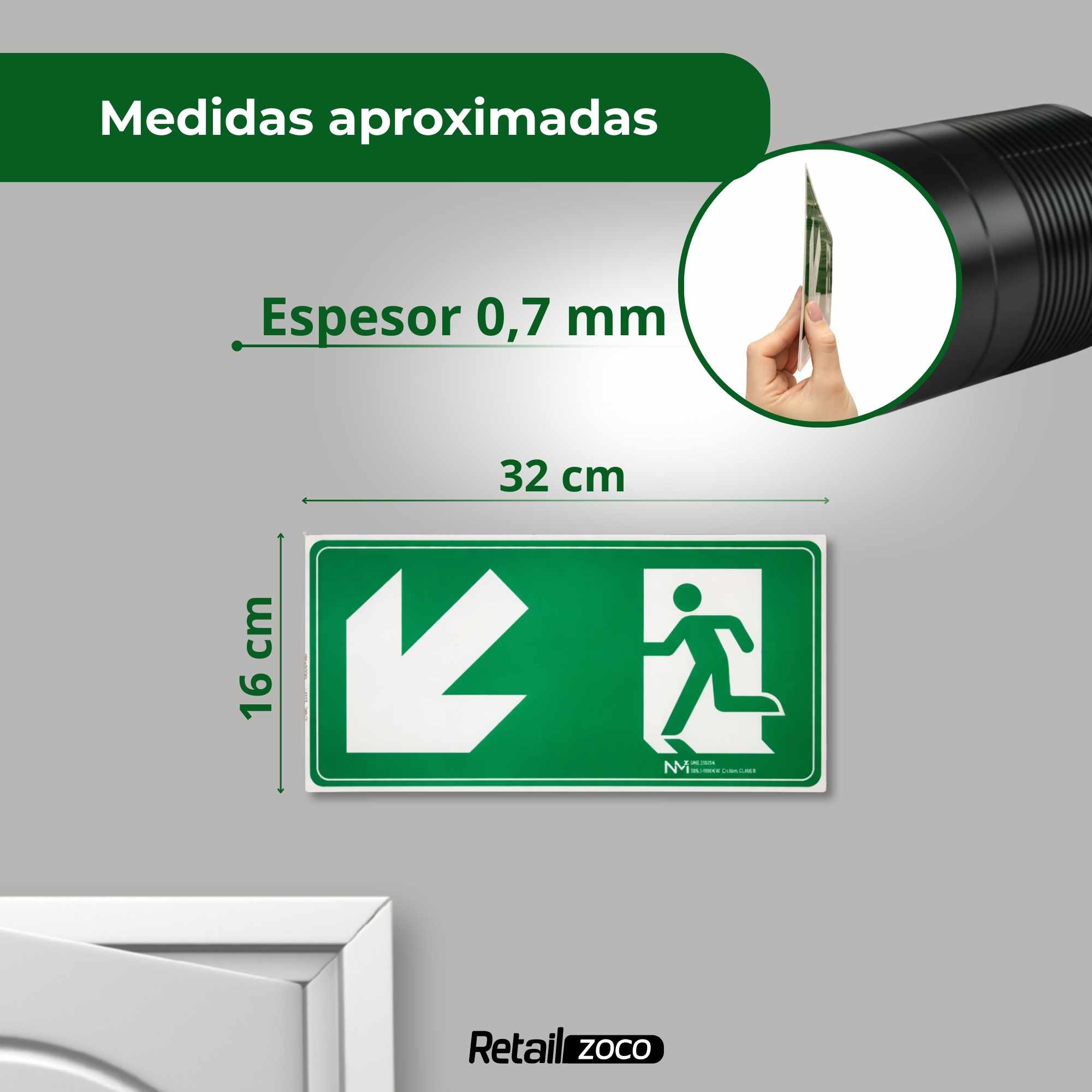 Señal Salida Abajo Izquierda Luminiscente Clase B PVC 32 x 16 cm - imagen 5