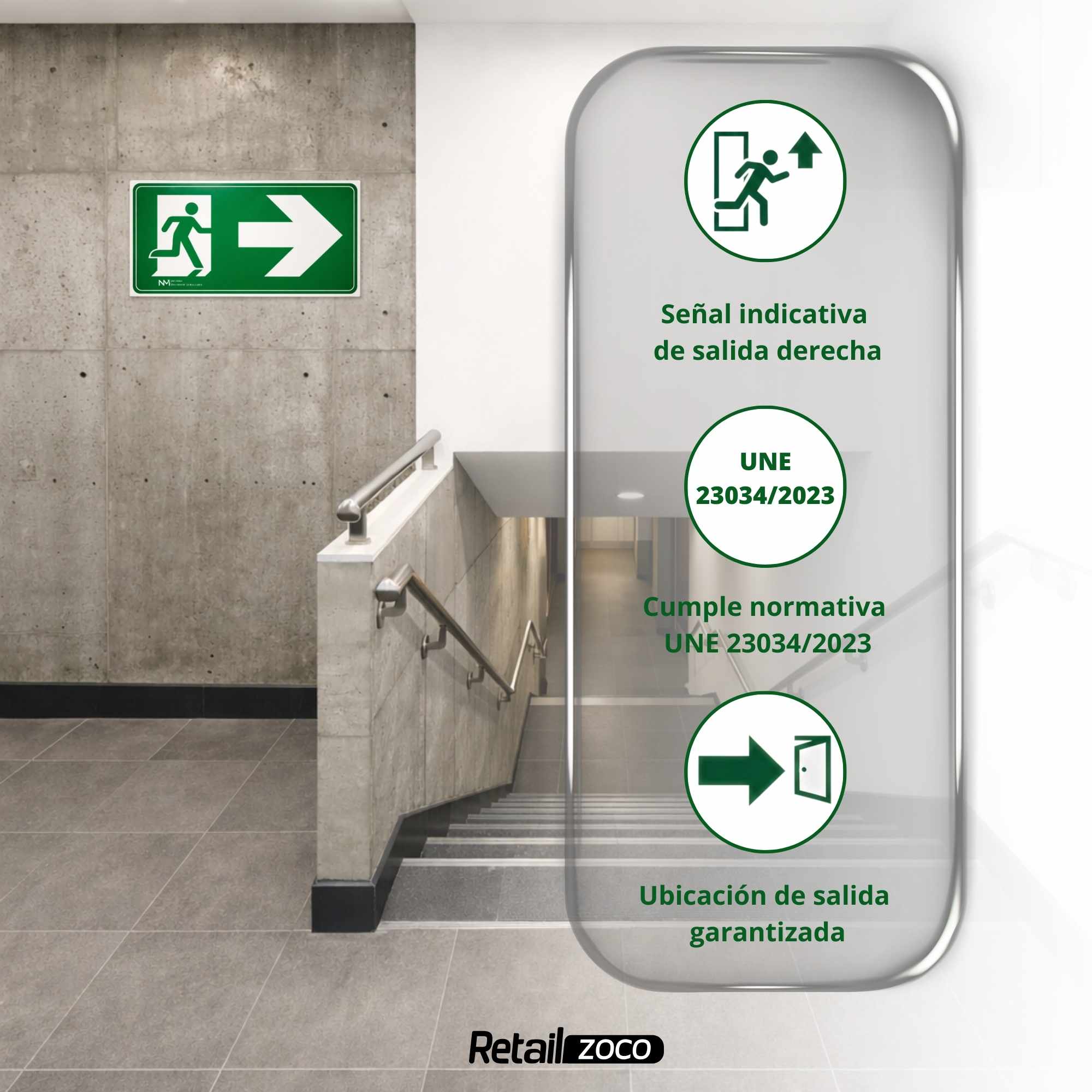 Señal Salida Derecha Luminiscente Clase B PVC 32 x 16 cm - imagen 3
