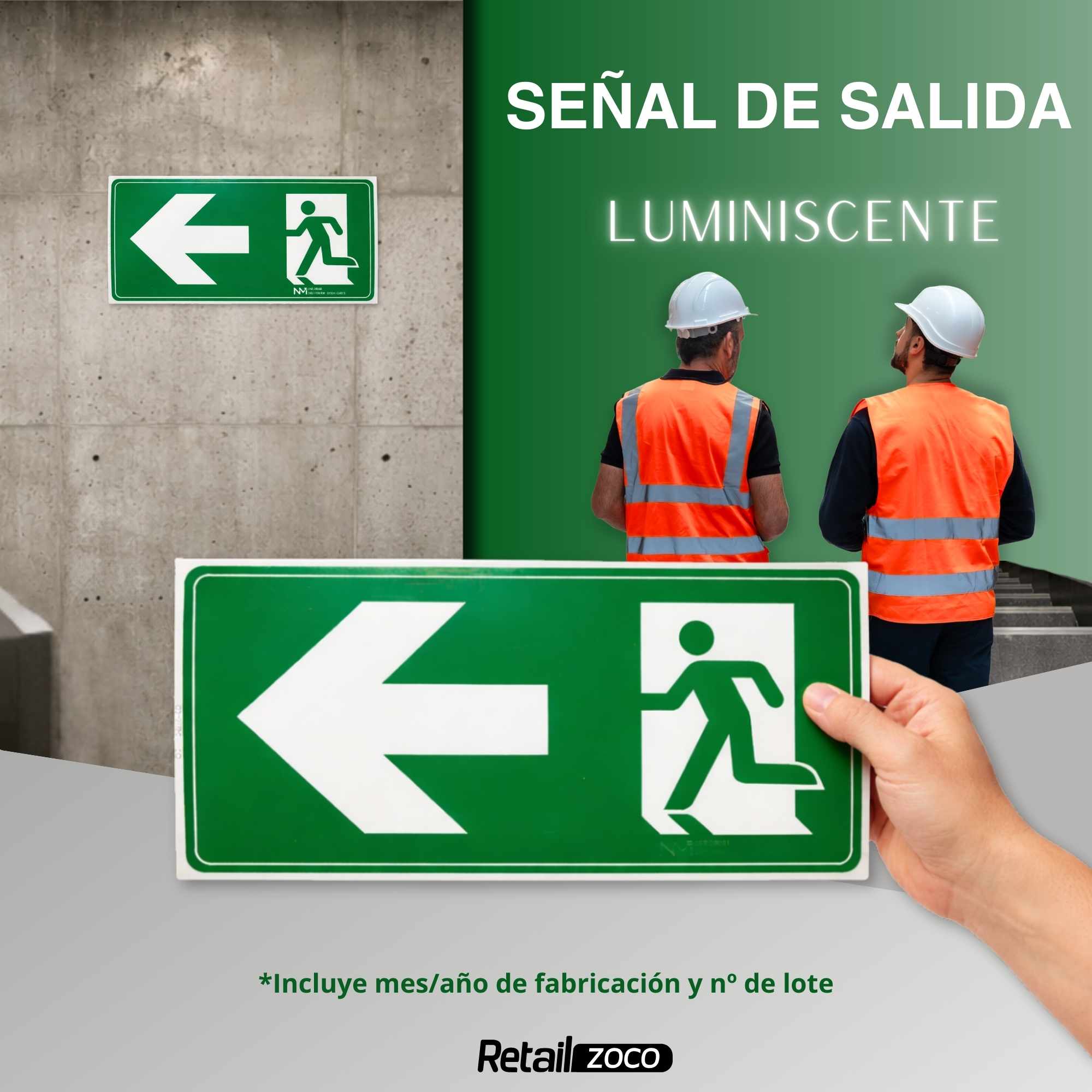Señal Salida Izquierda Luminiscente Clase B PVC 32 x 16 cm - imagen 2