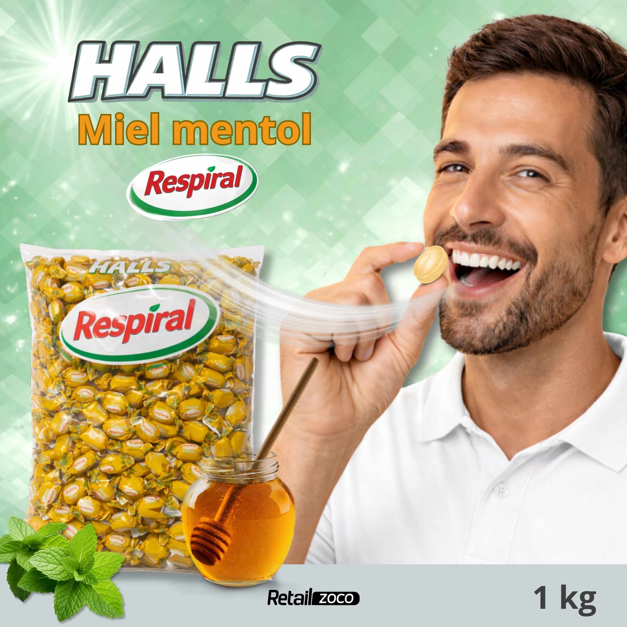 Halls Respiral Caramelos Sabor Miel y Mentol 1 Kg - imagen 2
