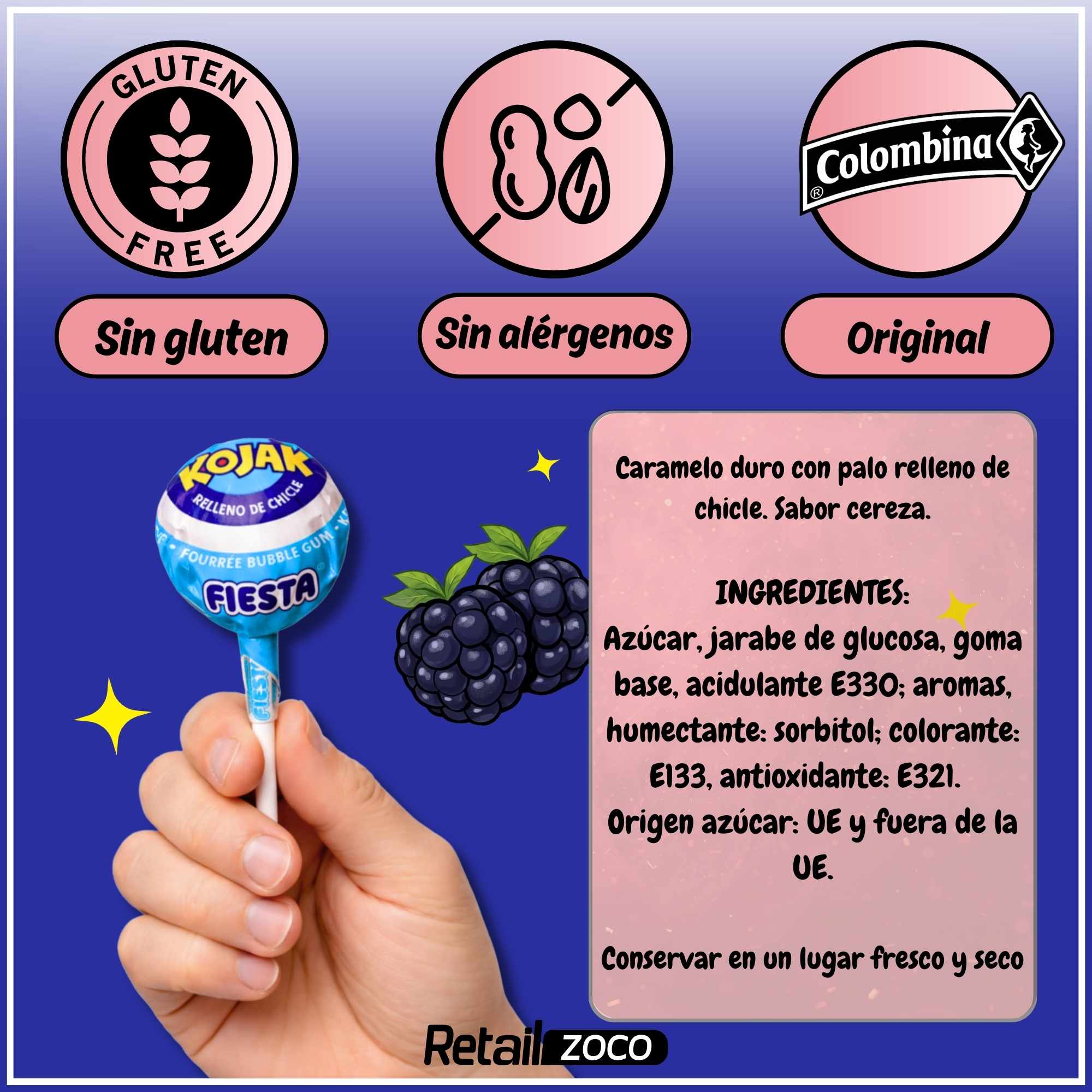 Caramelo Pintalenguas con Palo Sabor Mora Fiesta Kojak Pack 100 unidades - imagen 6