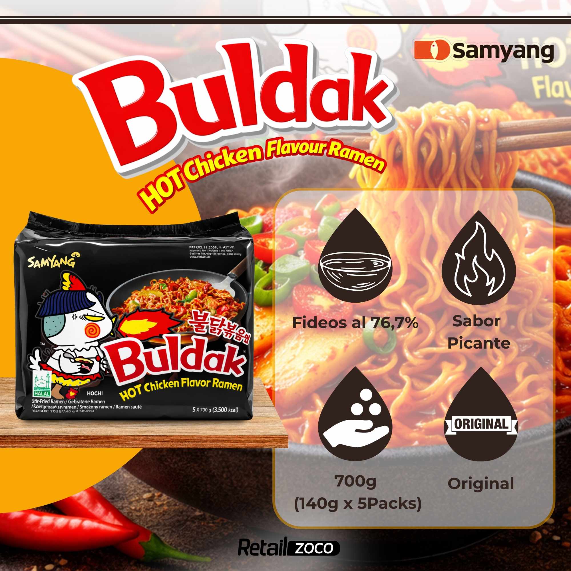 Hot Chicken Ramen Buldak Pollo picante 140g Pack 5 unidades - imagen 2