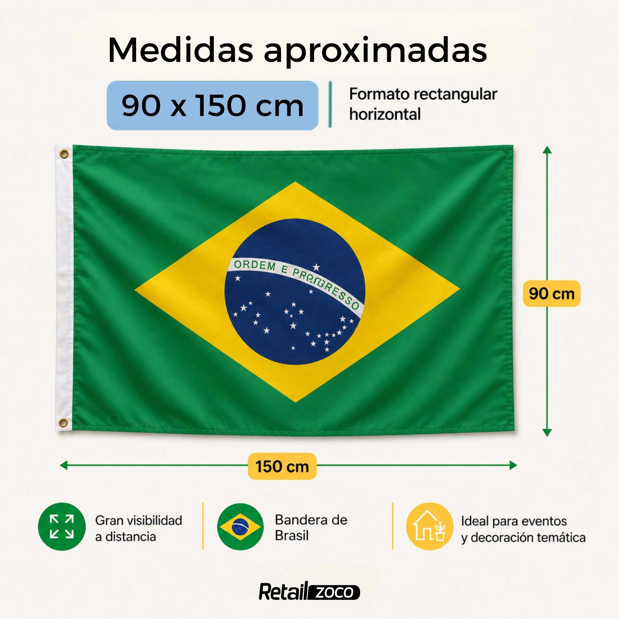 Bandera Brasil grande para Exterior 90x150 cm con ojales - imagen 3