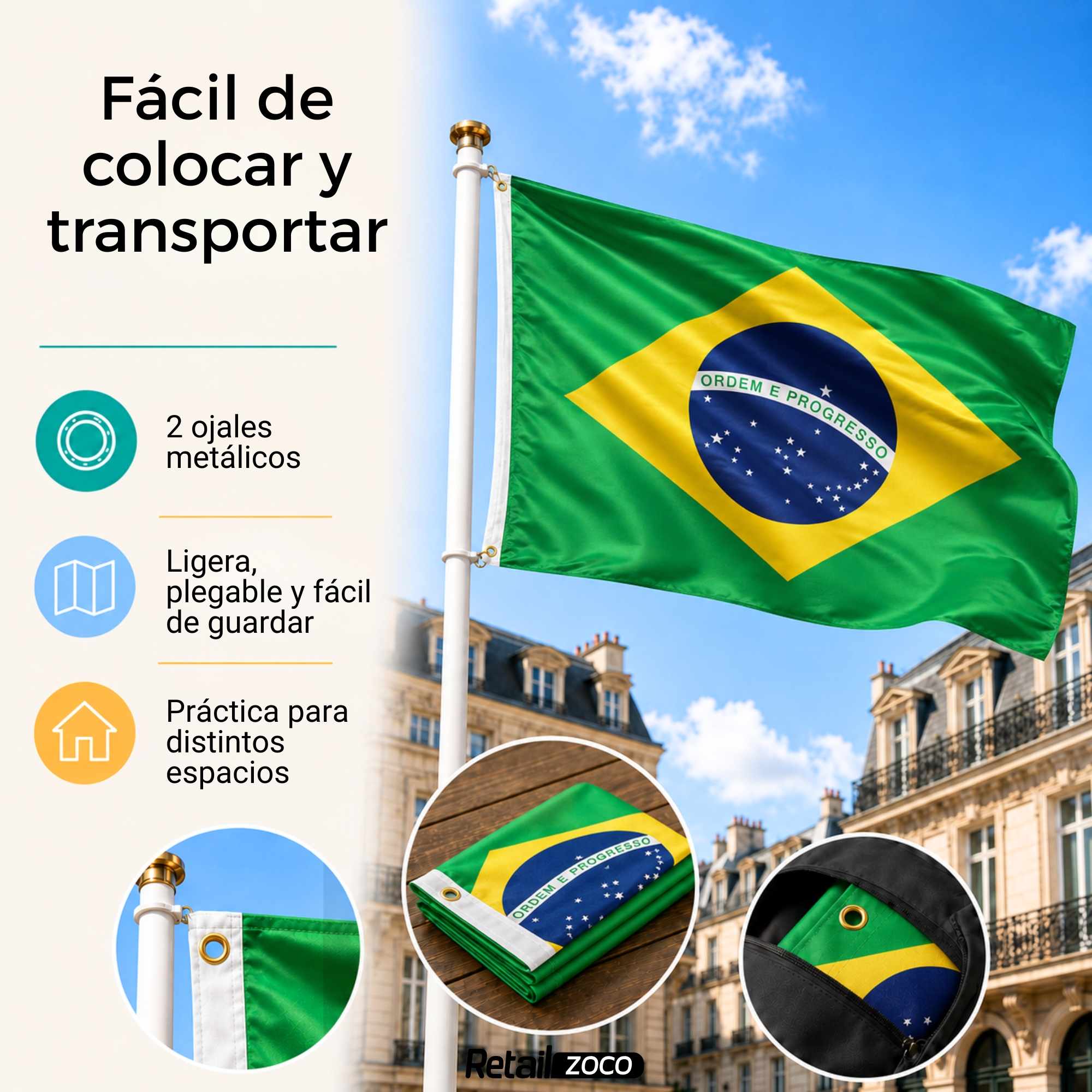 Bandera Brasil grande para Exterior 90x150 cm con ojales - imagen 4