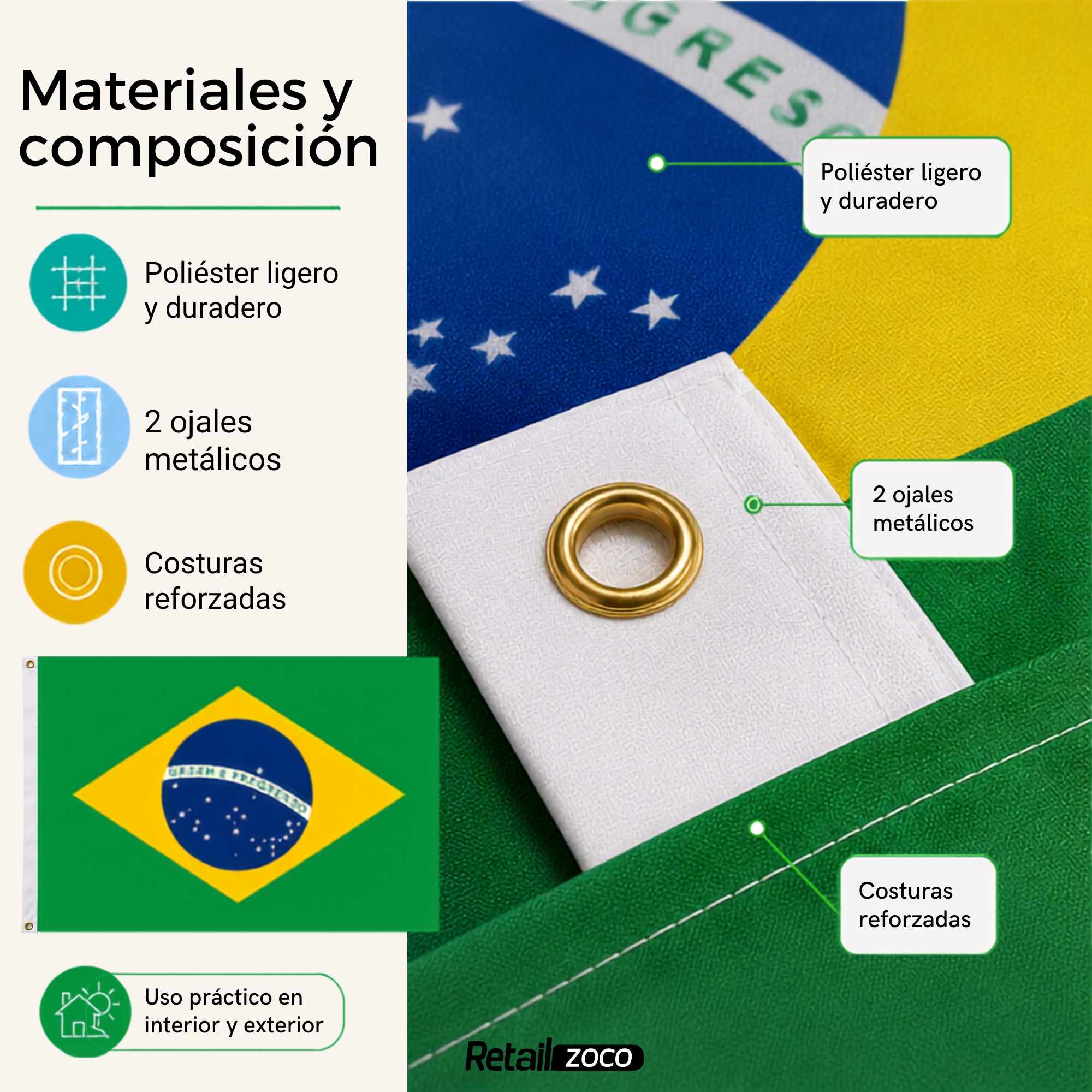 Bandera Brasil grande para Exterior 90x150 cm con ojales - imagen 5