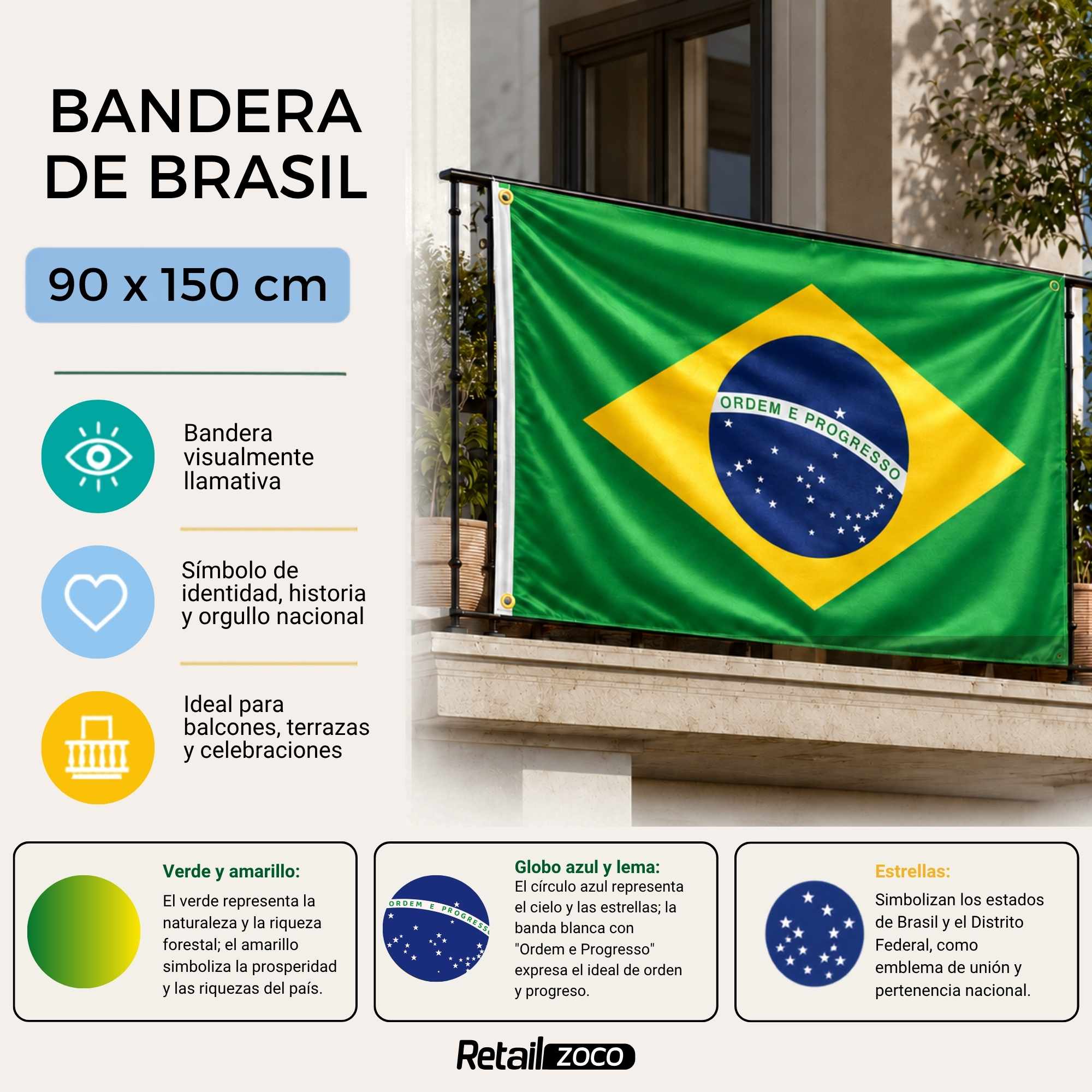 Bandera Brasil grande para Exterior 90x150 cm con ojales - imagen 2