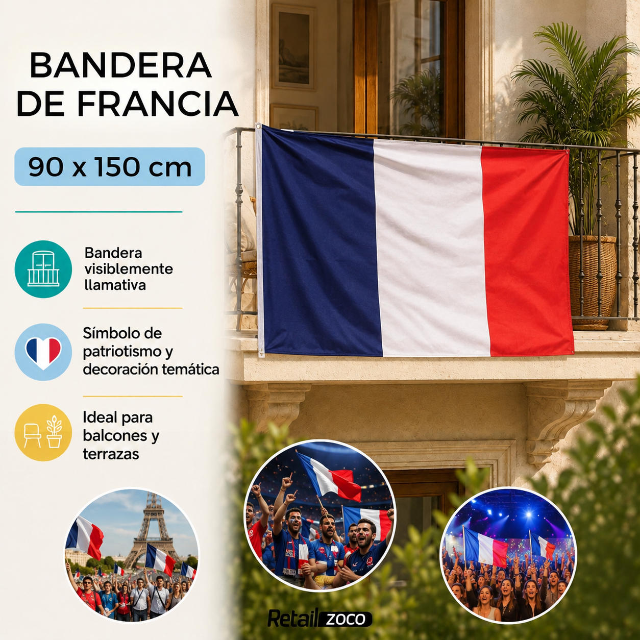 Bandera Francia grande para Exterior 90x150cm con ojales - imagen 2