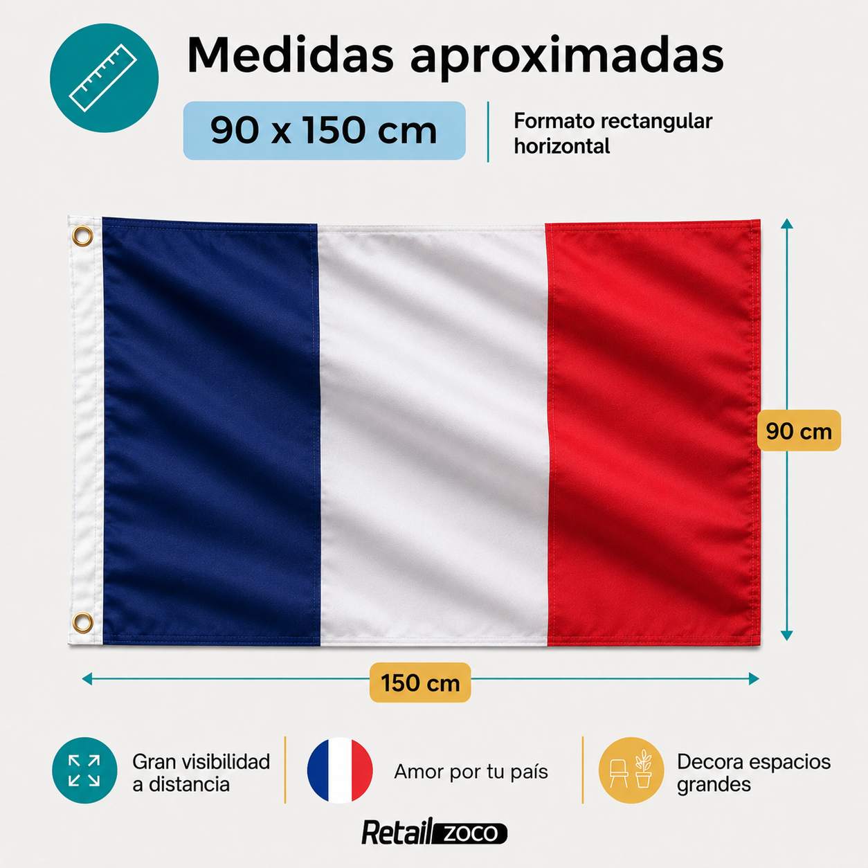 Bandera Francia grande para Exterior 90x150cm con ojales - imagen 3