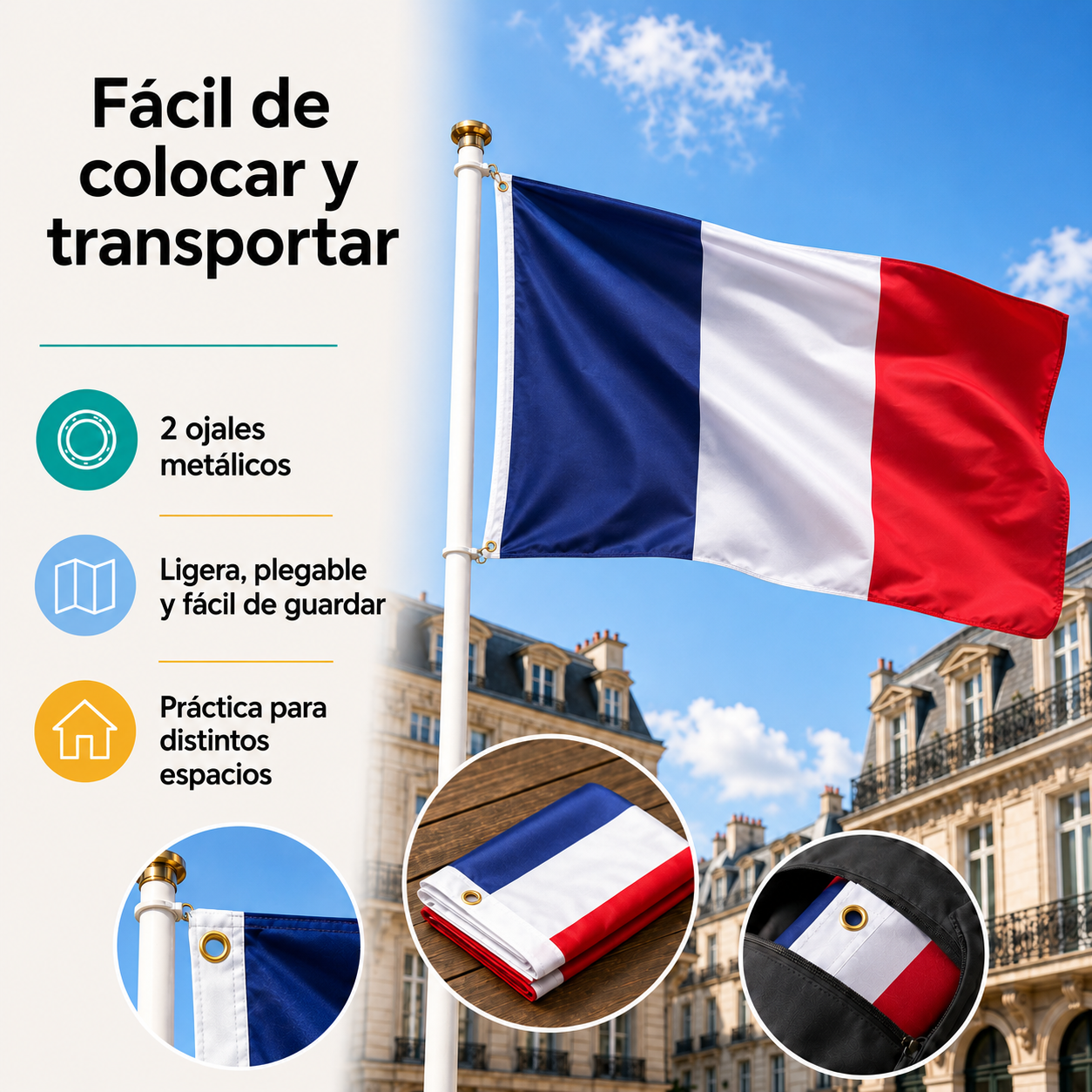 Bandera Francia grande para Exterior 90x150cm con ojales - imagen 4