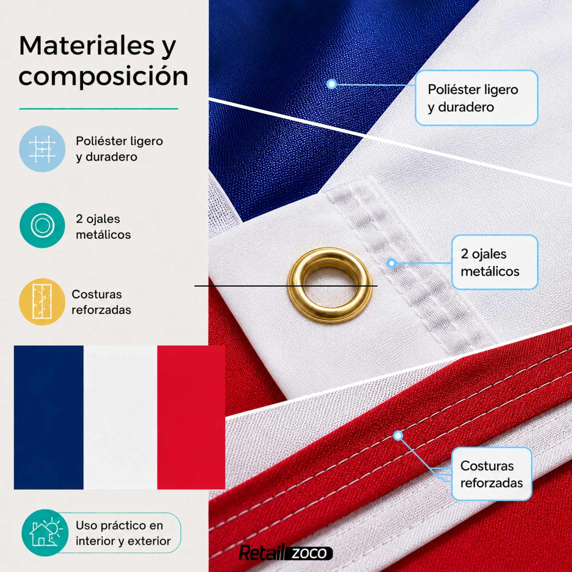 Bandera Francia grande para Exterior 90x150cm con ojales - imagen 5