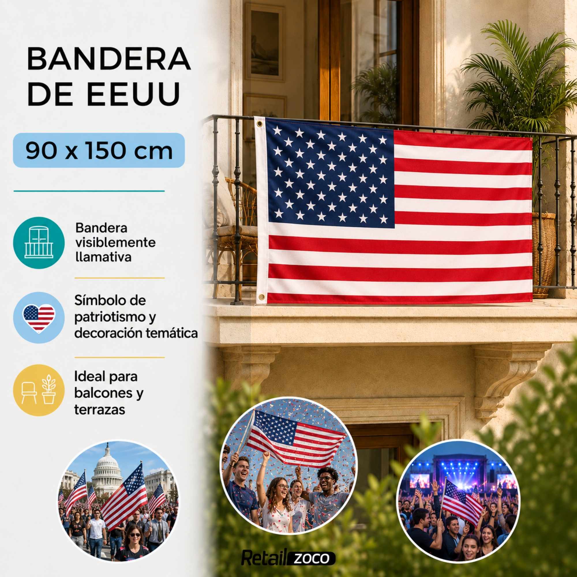 Bandera EEUU grande para Exterior 90x150cm con ojales - imagen 2