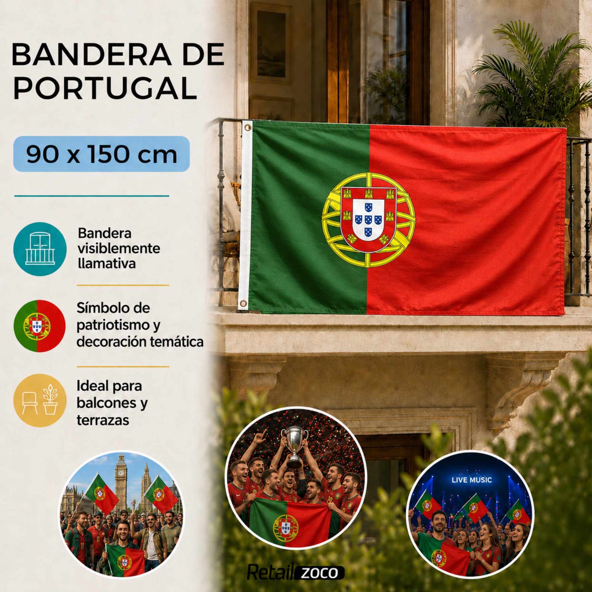 Bandera Portugal grande para Exterior 90x150cm con ojales - imagen 2