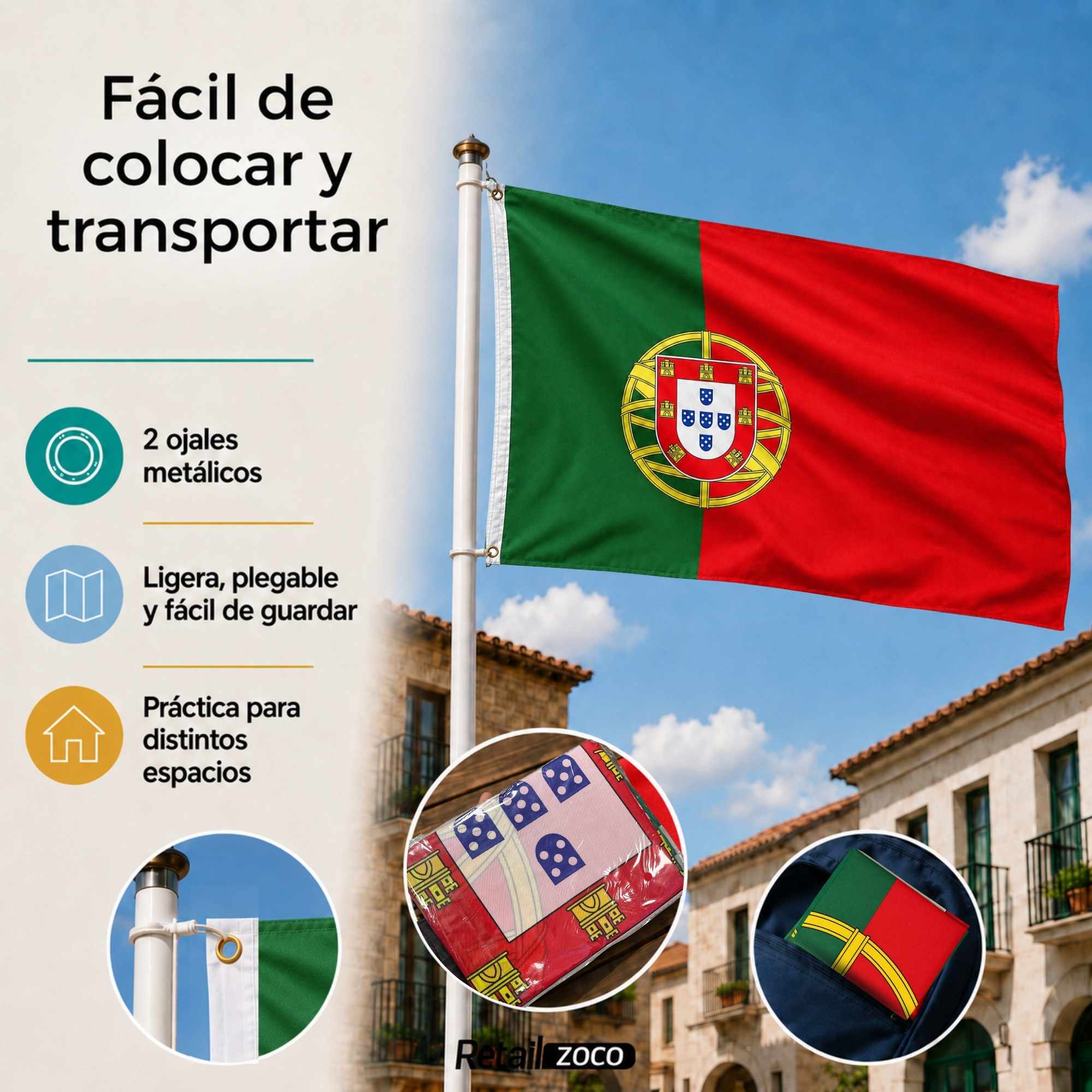Bandera Portugal grande para Exterior 90x150cm con ojales - imagen 4