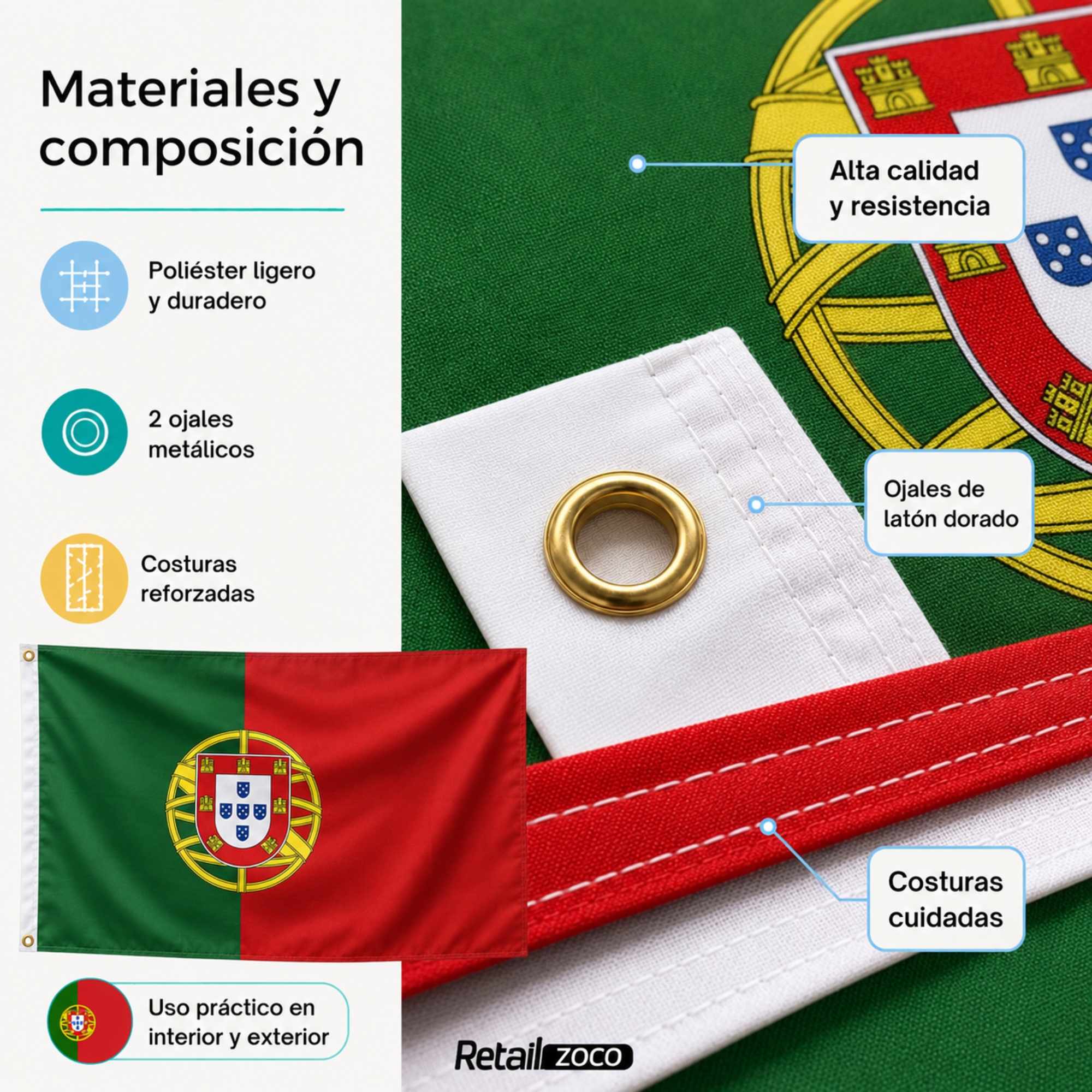 Bandera Portugal grande para Exterior 90x150cm con ojales - imagen 5