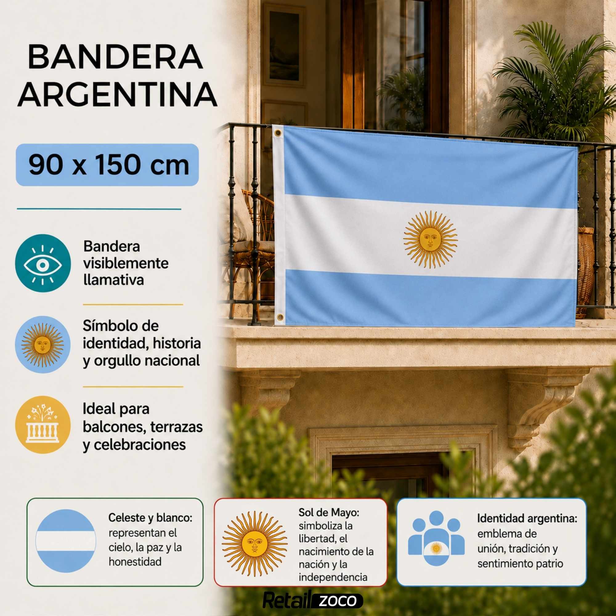 Bandera Argentina grande para Exterior 90x150cm con ojales - imagen 2