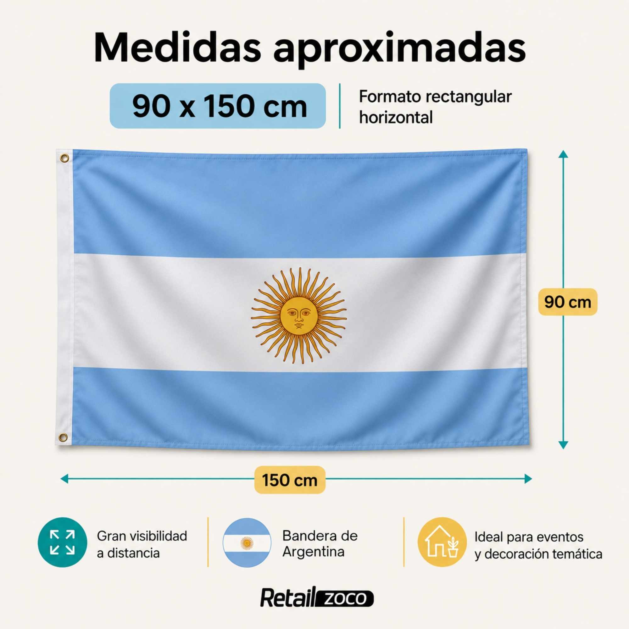 Bandera Argentina grande para Exterior 90x150cm con ojales - imagen 3