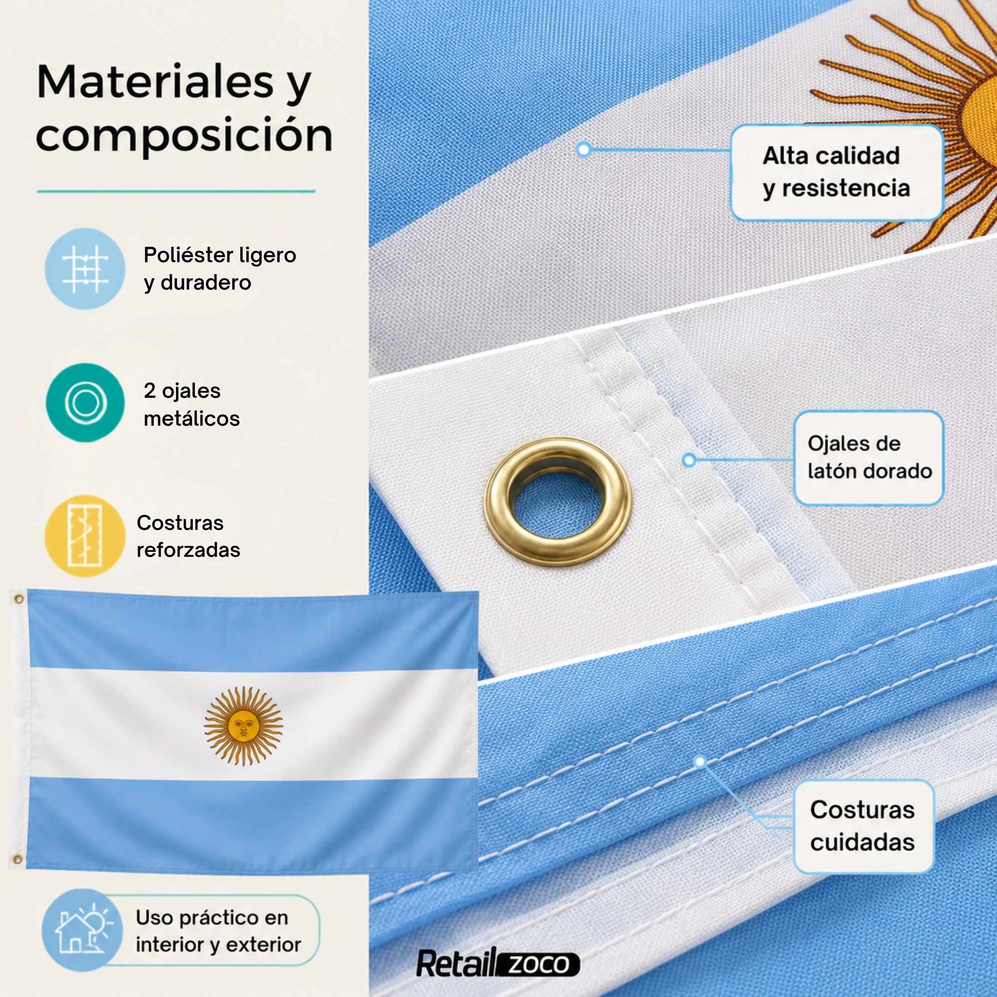 Bandera Argentina grande para Exterior 90x150cm con ojales - imagen 5