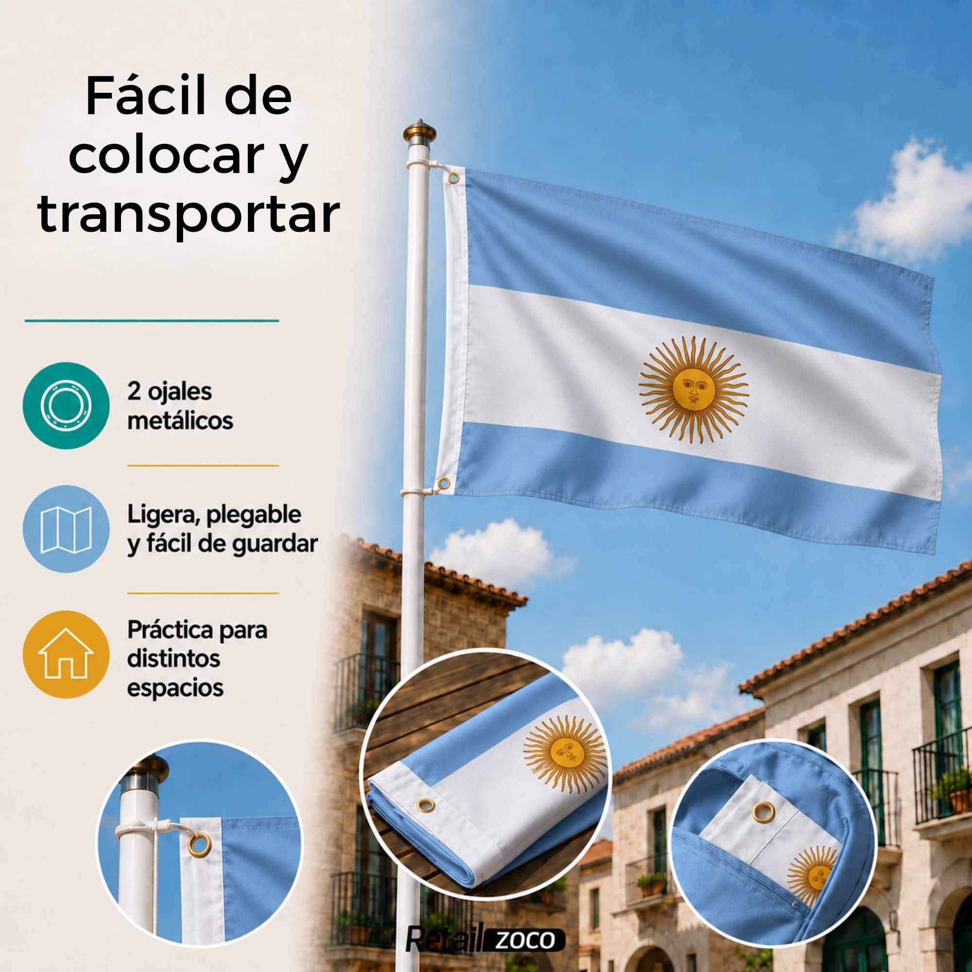 Bandera Argentina grande para Exterior 90x150cm con ojales - imagen 4