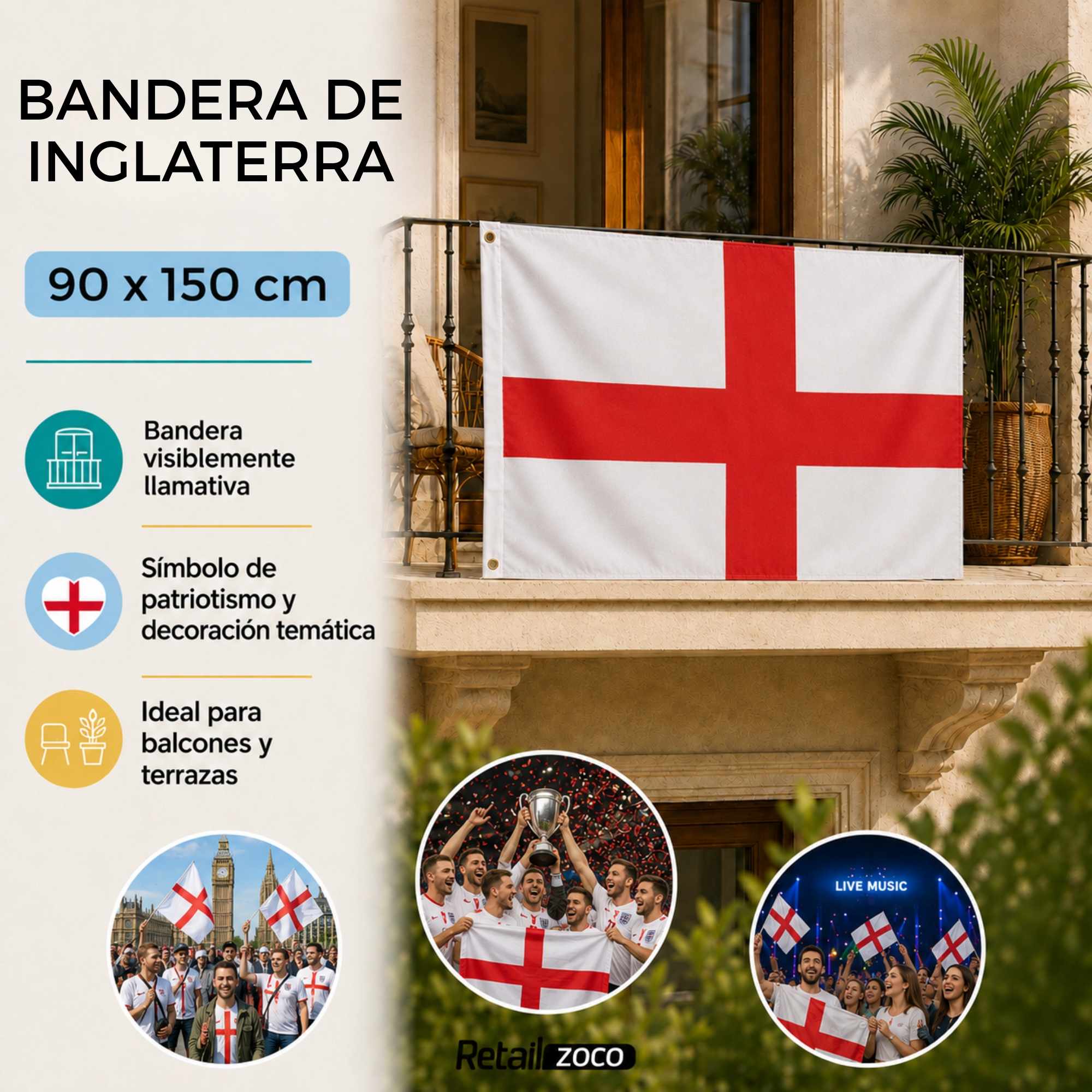Bandera Inglaterra grande para Exterior 90x150cm con ojales - imagen 2