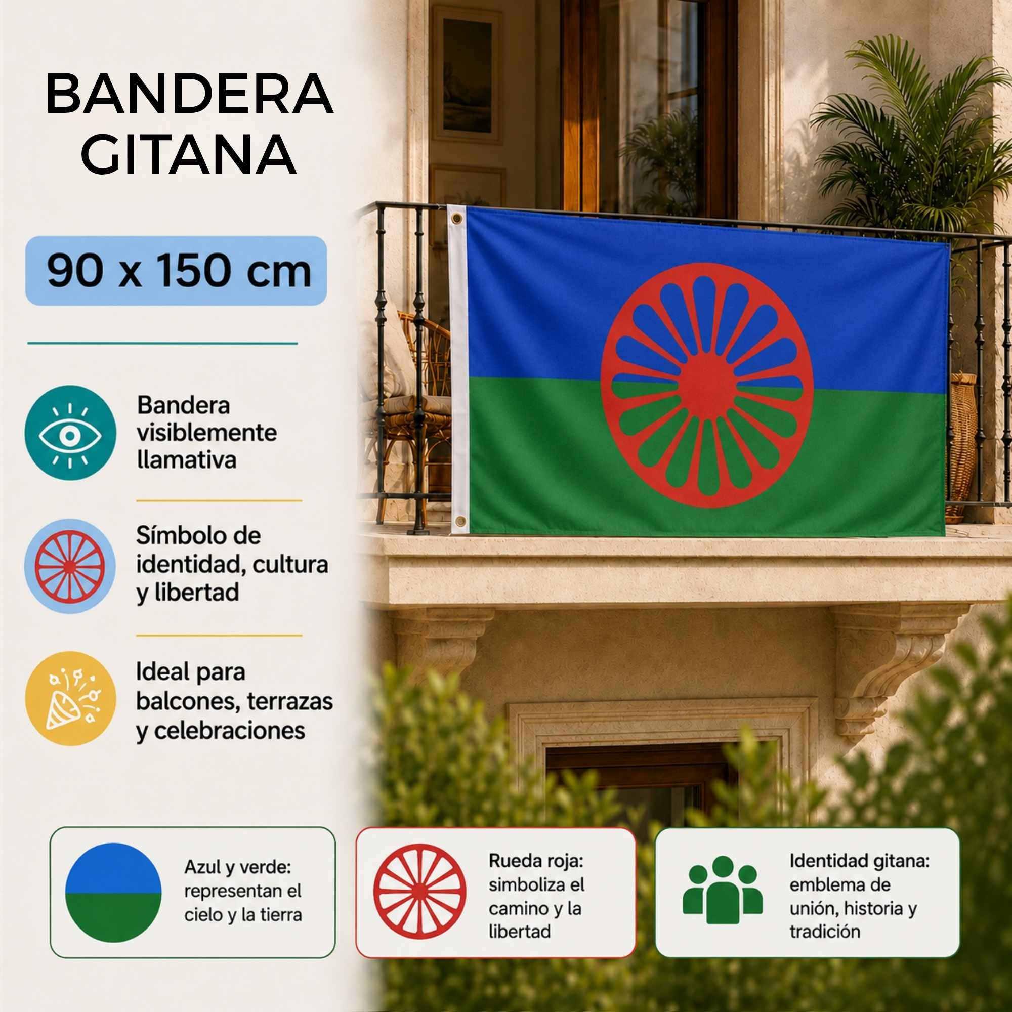 Bandera Gitana grande para Exterior 90x150cm con ojales - imagen 2