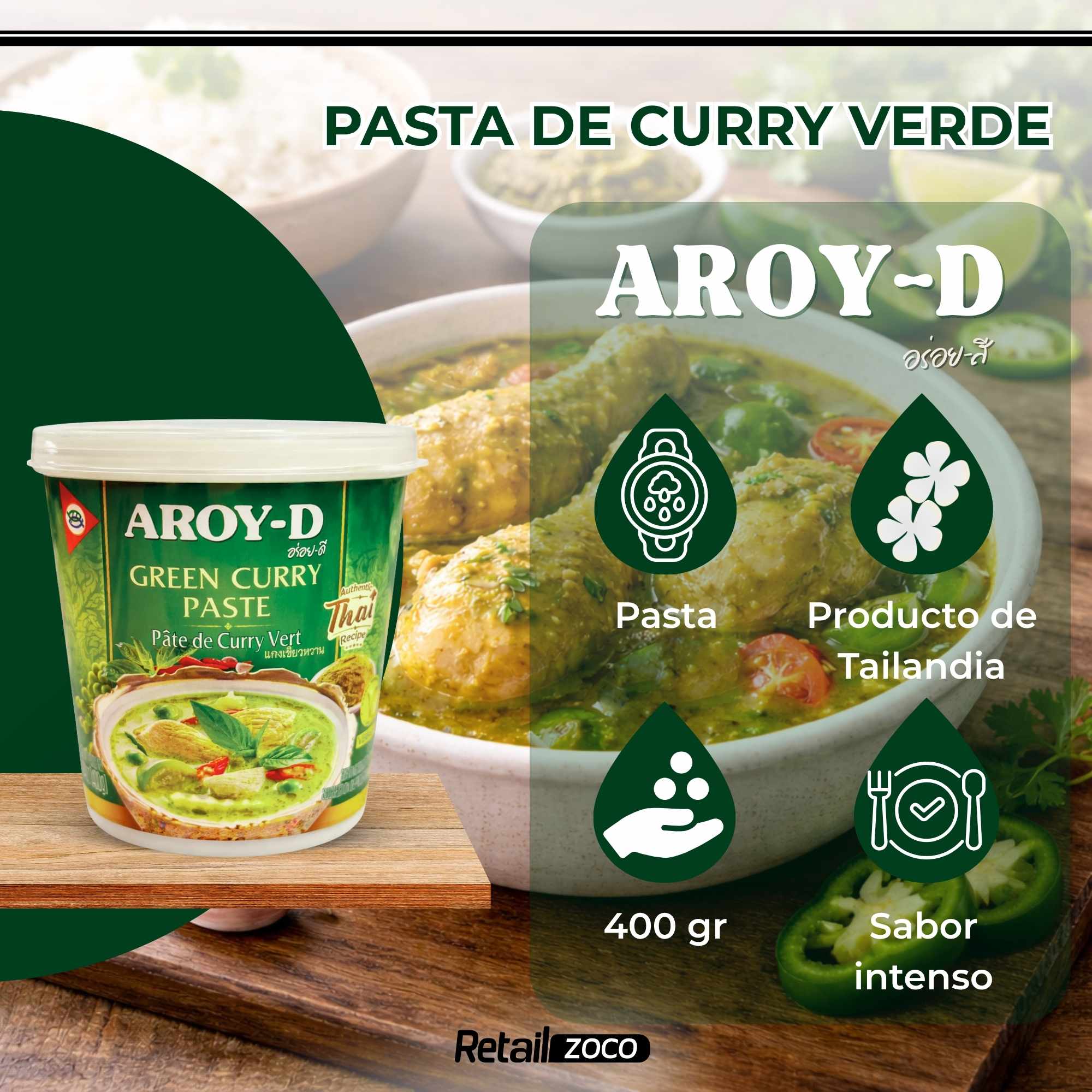 Pasta de Curry Verde Aroy-D 400 gr - imagen 2