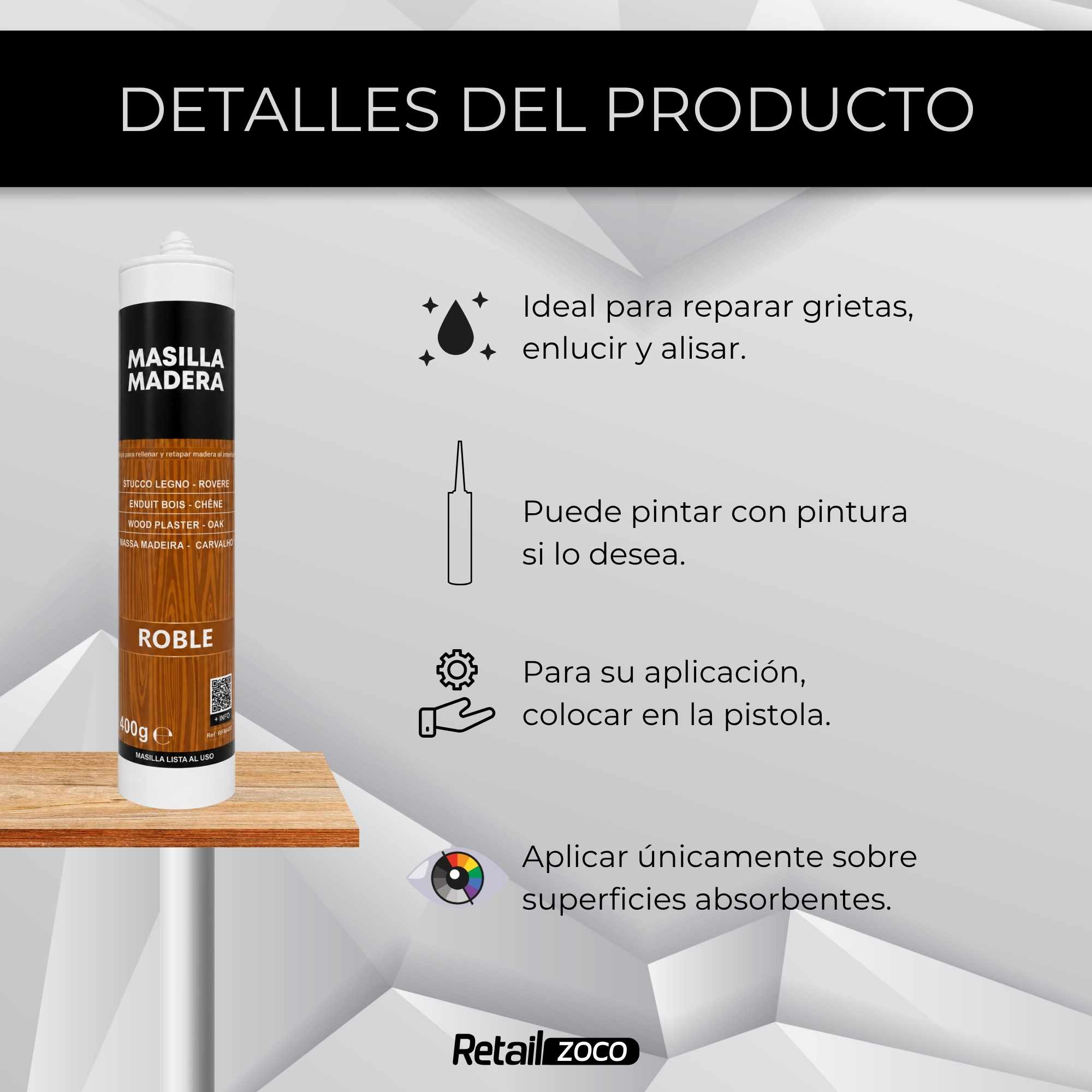 Masilla madera Roble para pistola 400 gramos - imagen 3