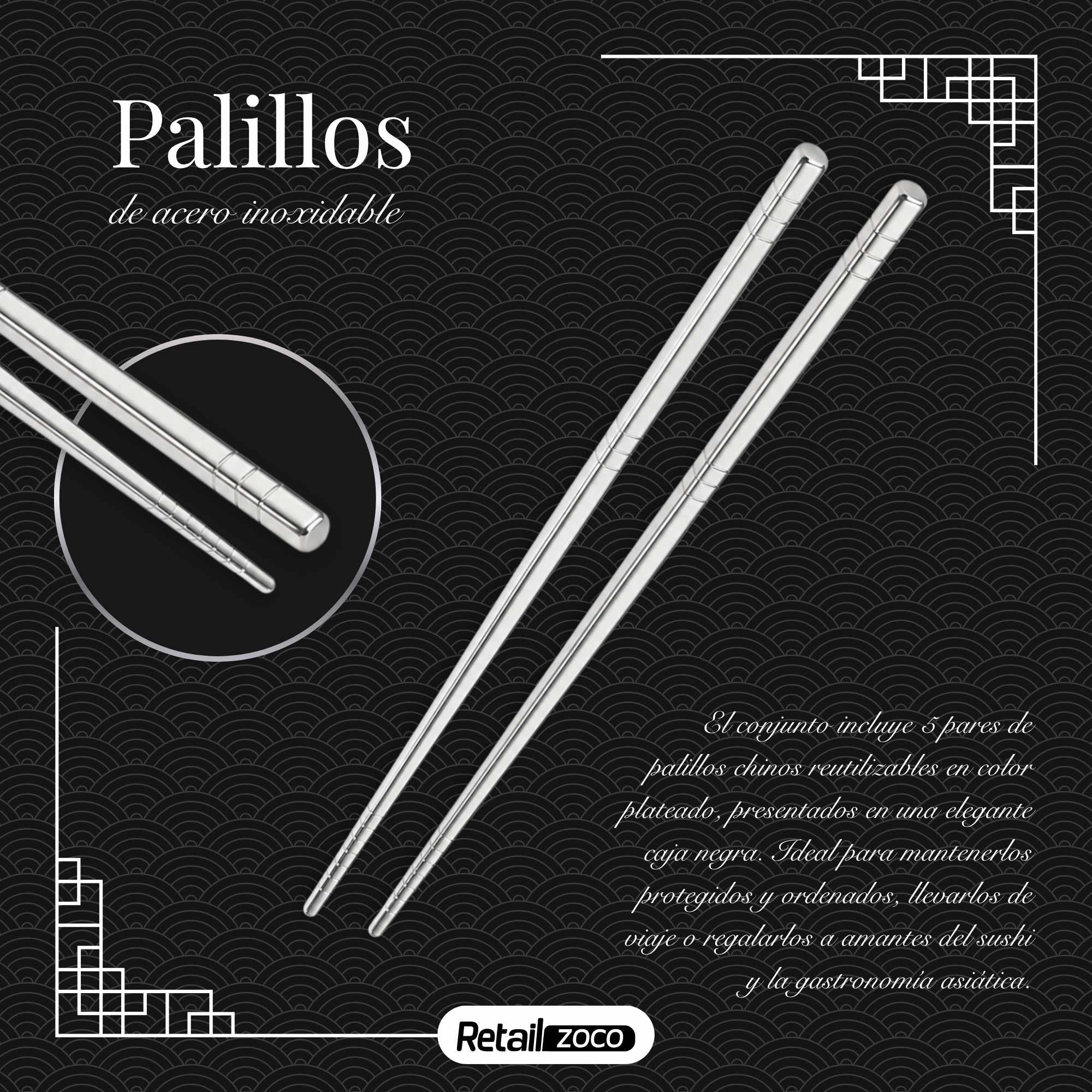 Varillas Palillos Chinos de Acero Inoxidable Pack 5 unidades - imagen 2