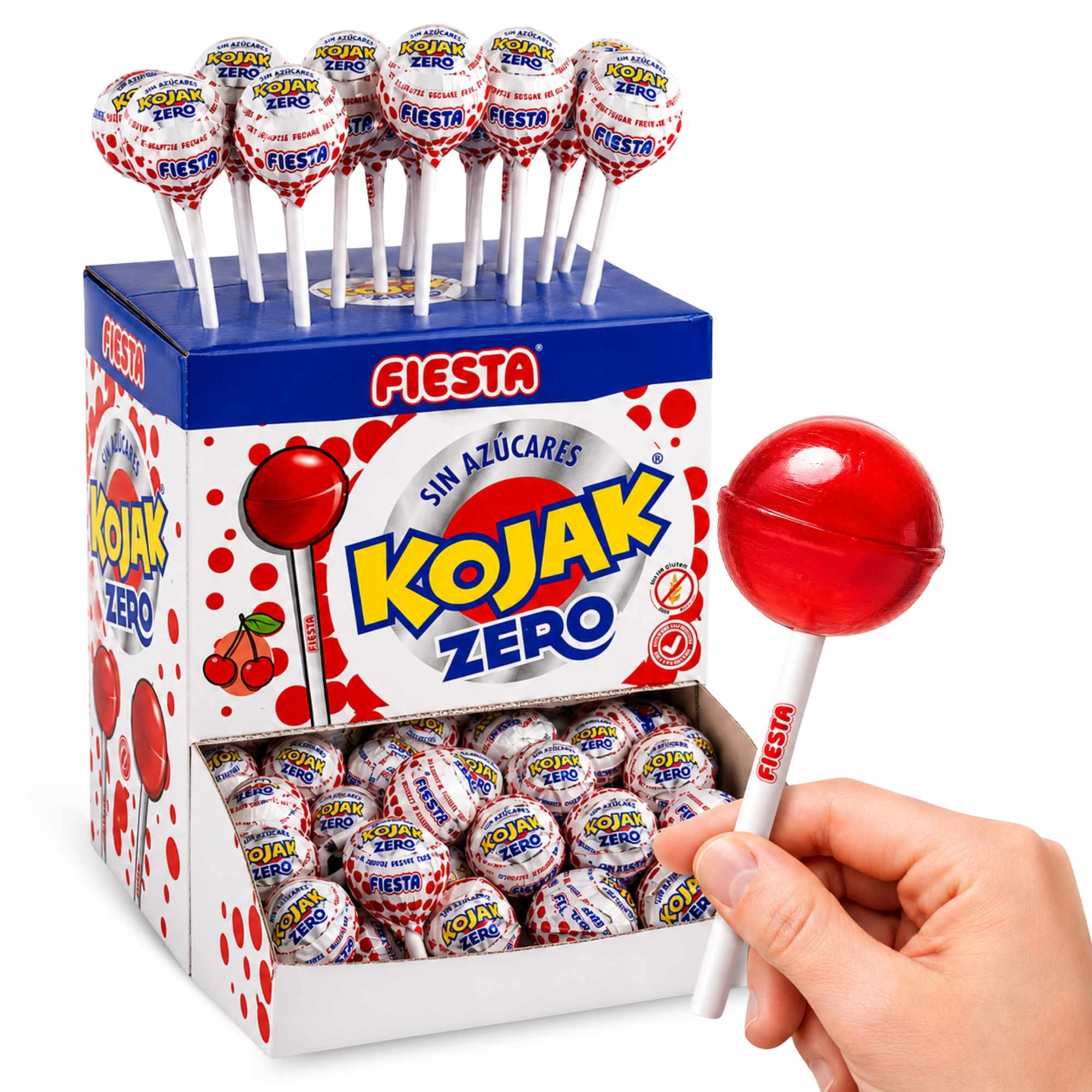Caramelo con Palo Sabor cereza Fiesta Kojak Sin Azucar Pack 70 unidades