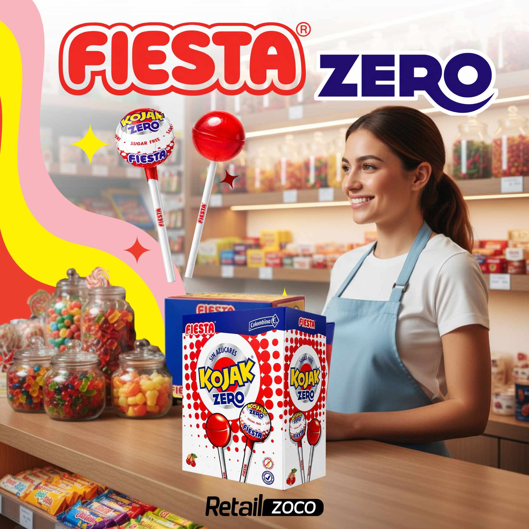 Caramelo con Palo Sabor cereza Fiesta Kojak Sin Azucar Pack 70 unidades - imagen 2