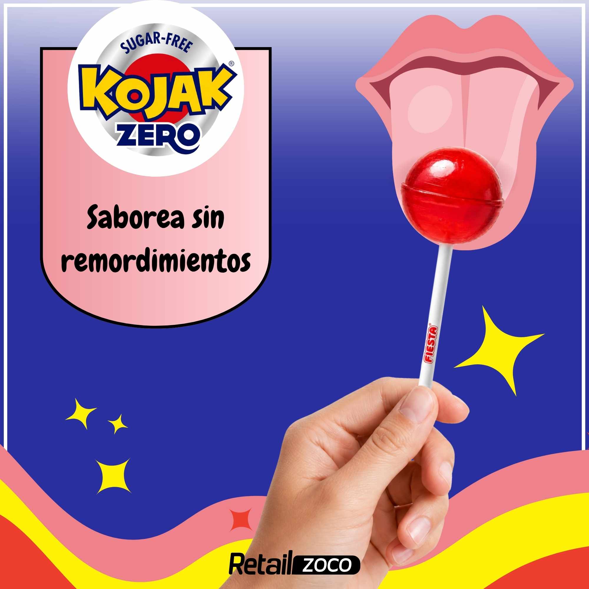 Caramelo con Palo Sabor cereza Fiesta Kojak Sin Azucar Pack 70 unidades - imagen 3