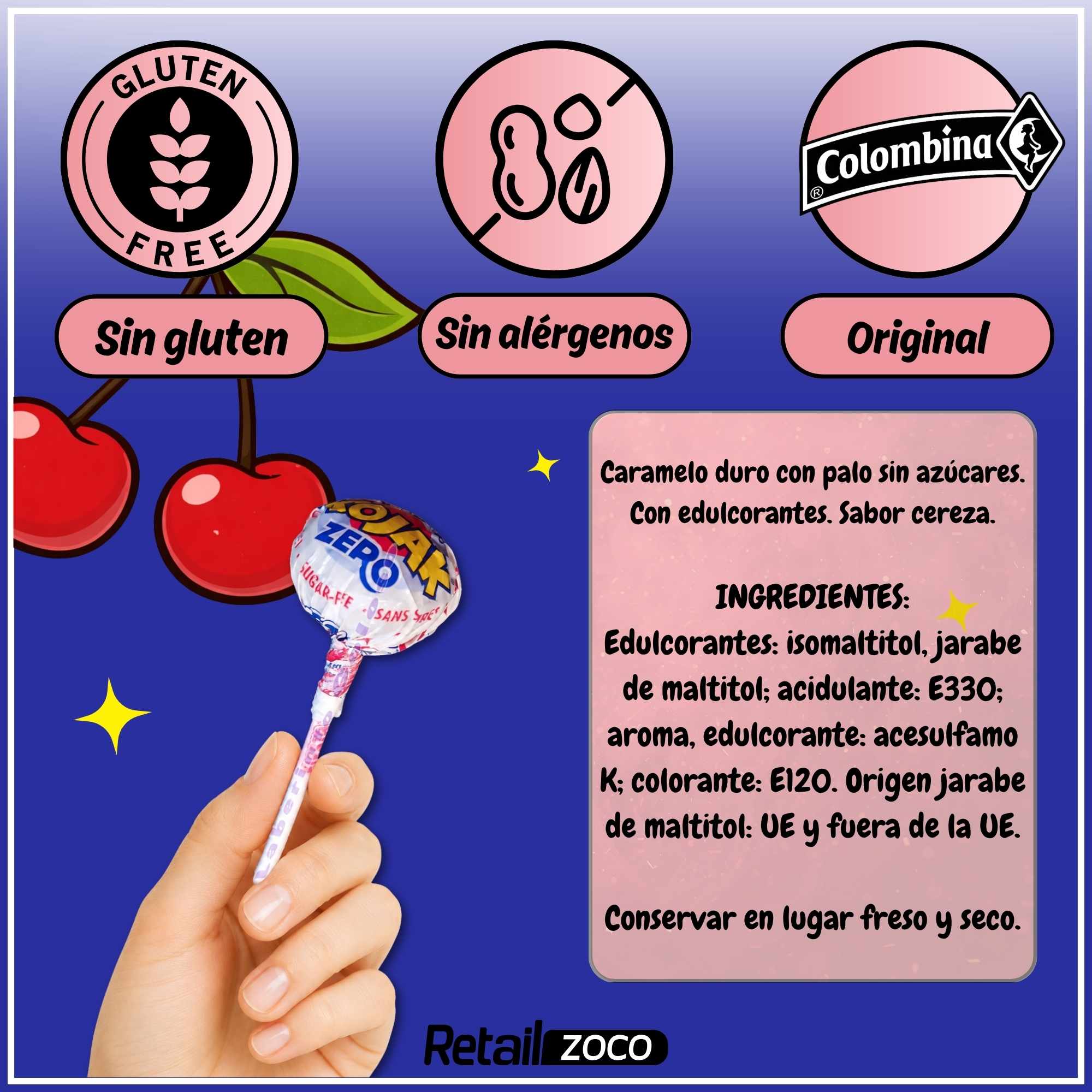 Caramelo con Palo Sabor cereza Fiesta Kojak Sin Azucar Pack 70 unidades - imagen 6