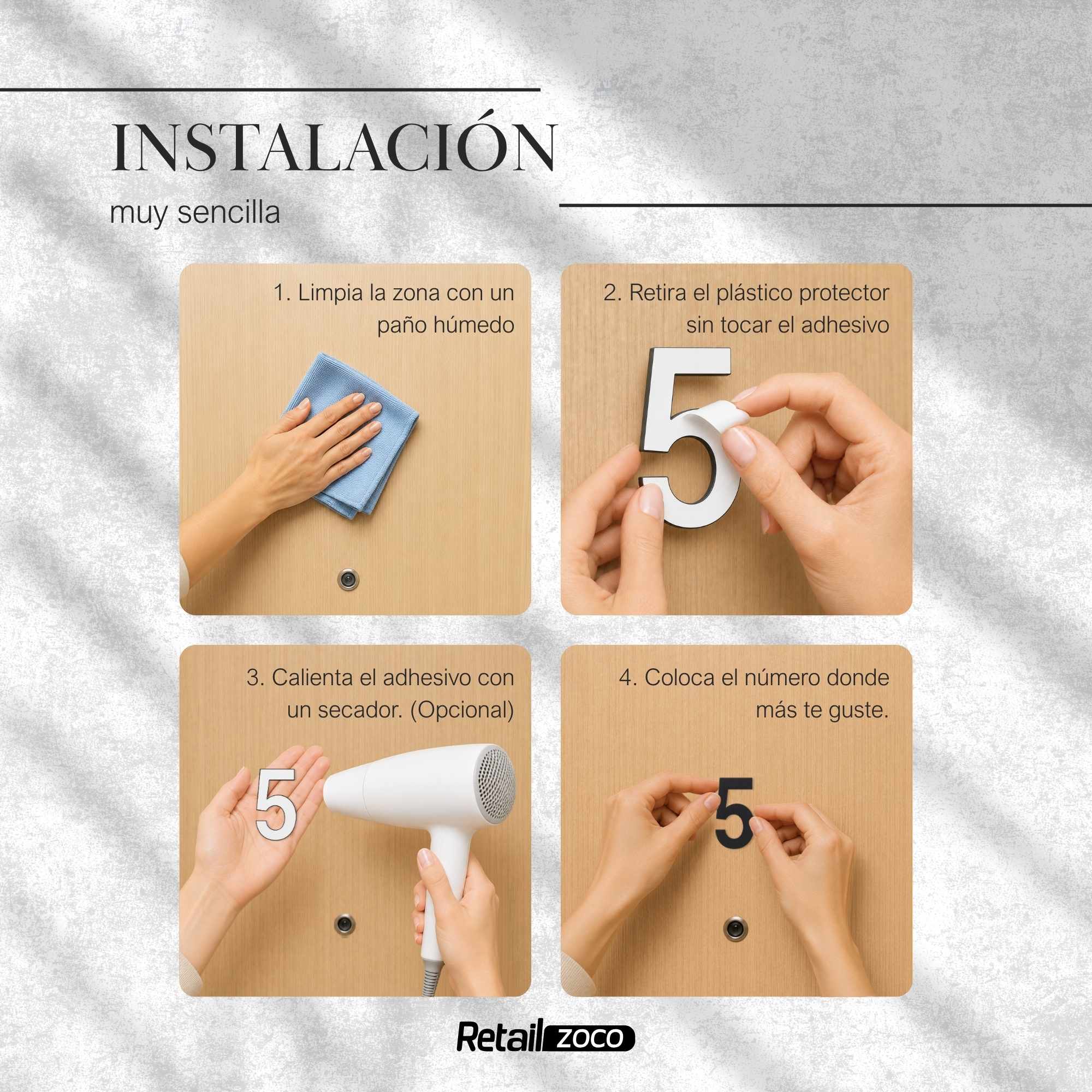 Numero 5 adhesivo en acero inoxidable 7.5 cm Negro - imagen 4