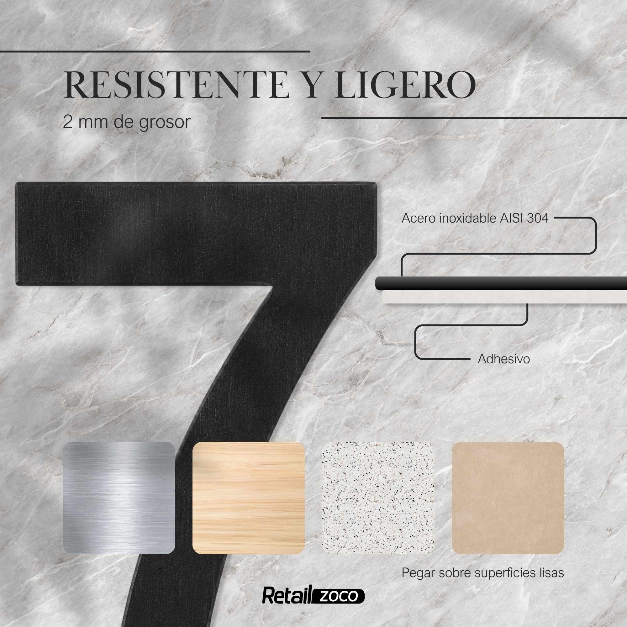 Numero 7 adhesivo en acero inoxidable 7.5 cm Negro - imagen 2