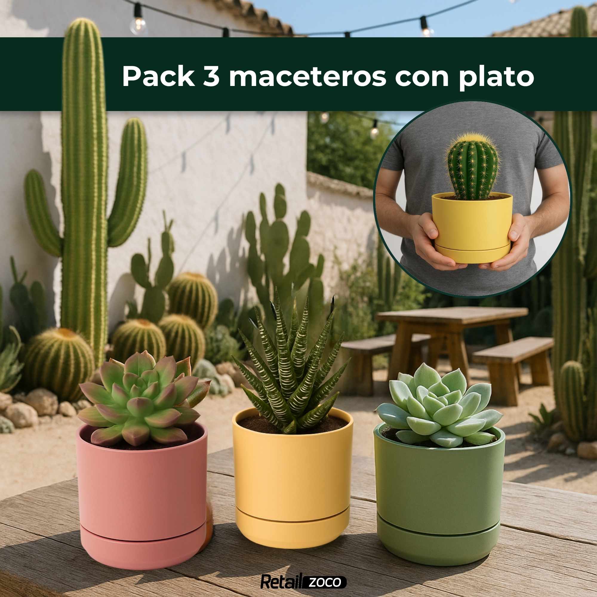 Mini Maceta con plato 18 cm pack 3 unidades colores pasteles - imagen 2