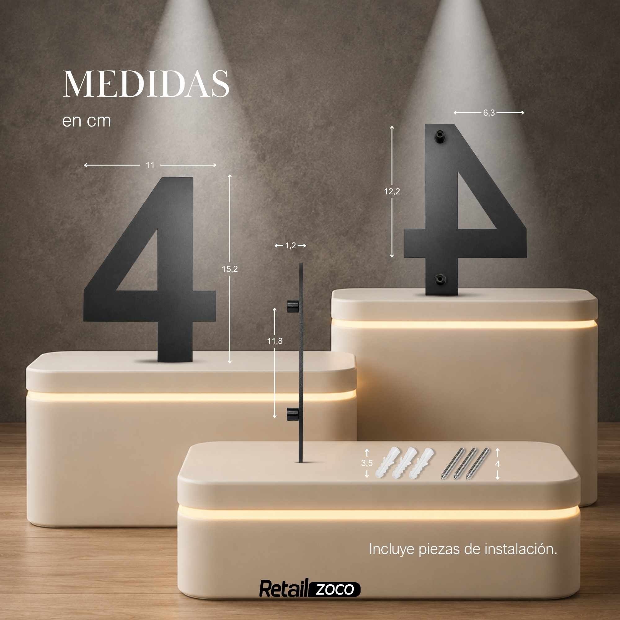 Numero 4 flotante en acero inoxidable 15.2 cm Negro - imagen 3