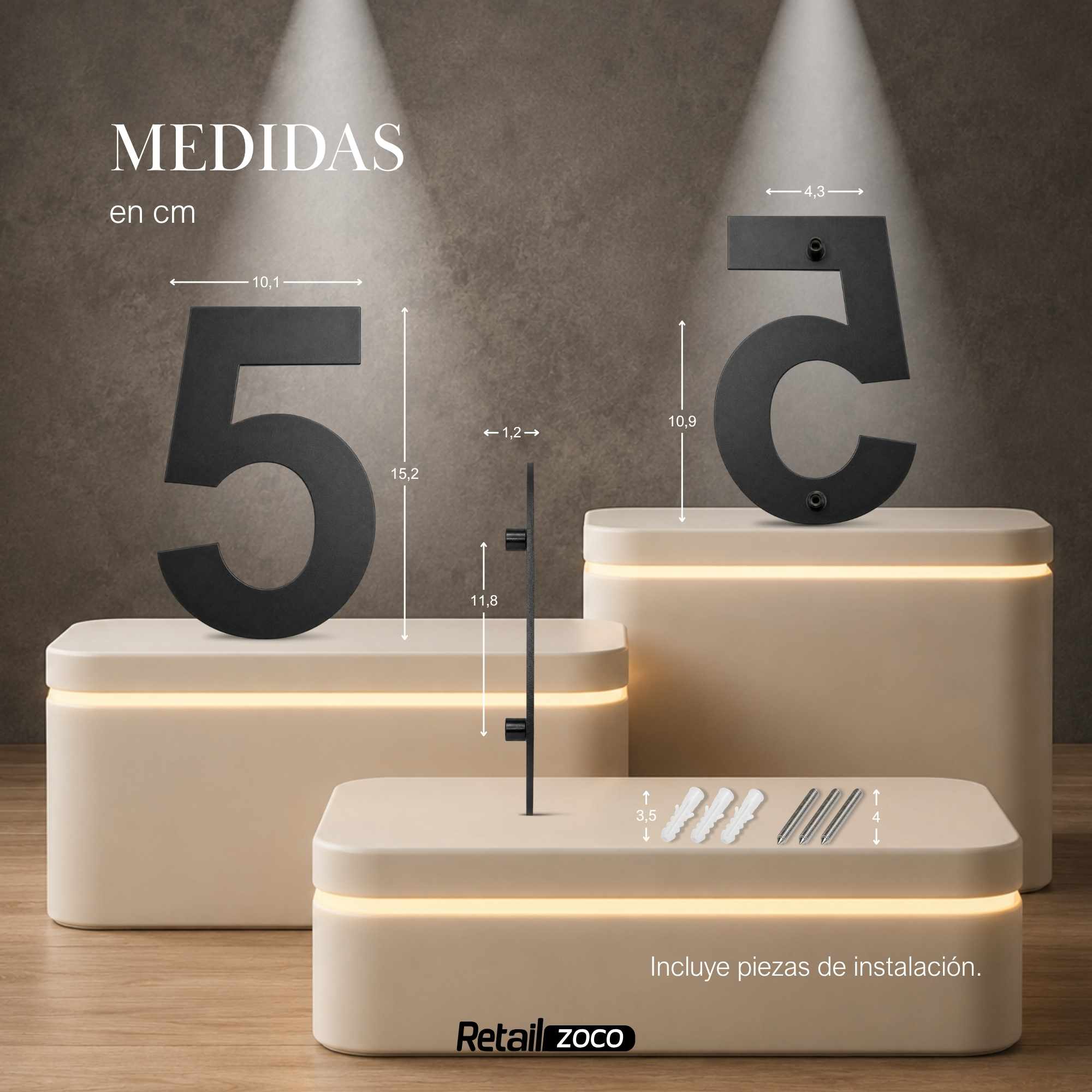 Numero 5 flotante en acero inoxidable 15.2 cm Negro - imagen 3