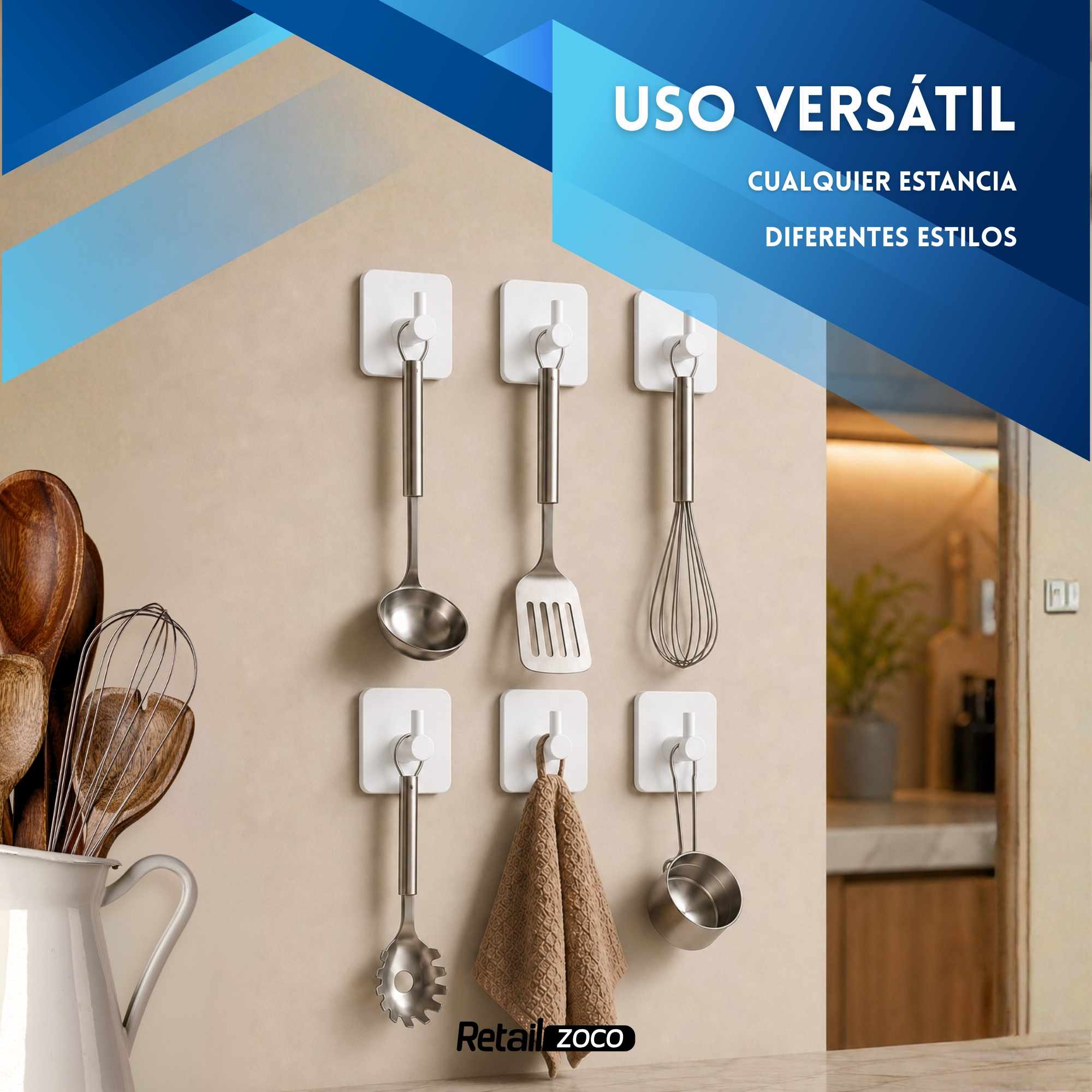 Ganchos adhesivos para pared acero inoxidable blancos 6 unidades - imagen 4