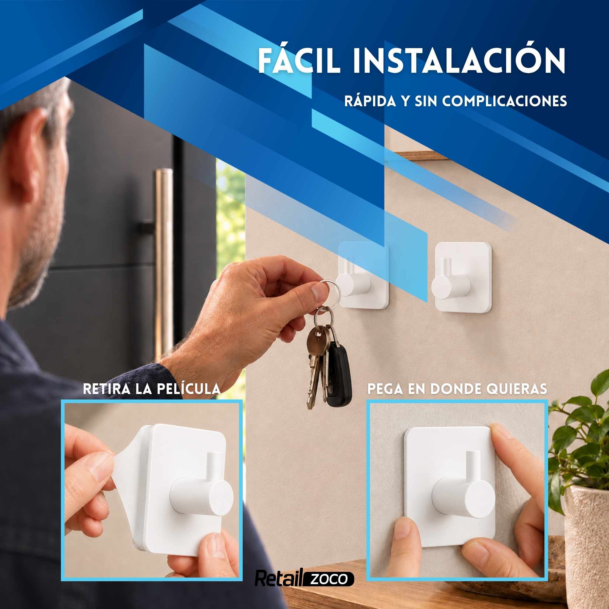 Ganchos adhesivos para pared acero inoxidable blancos 6 unidades - imagen 6