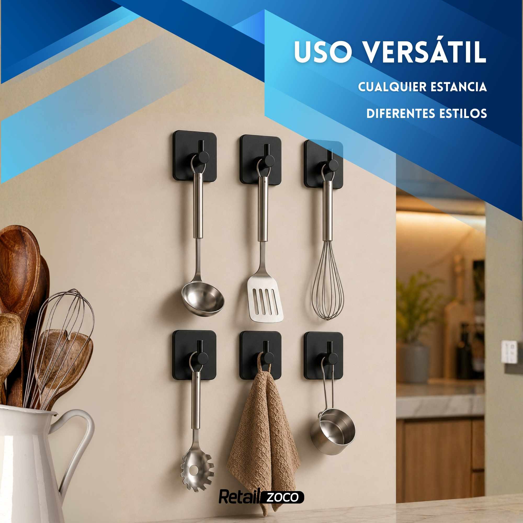 Ganchos adhesivos para pared acero inoxidable negros 6 unidades - imagen 4