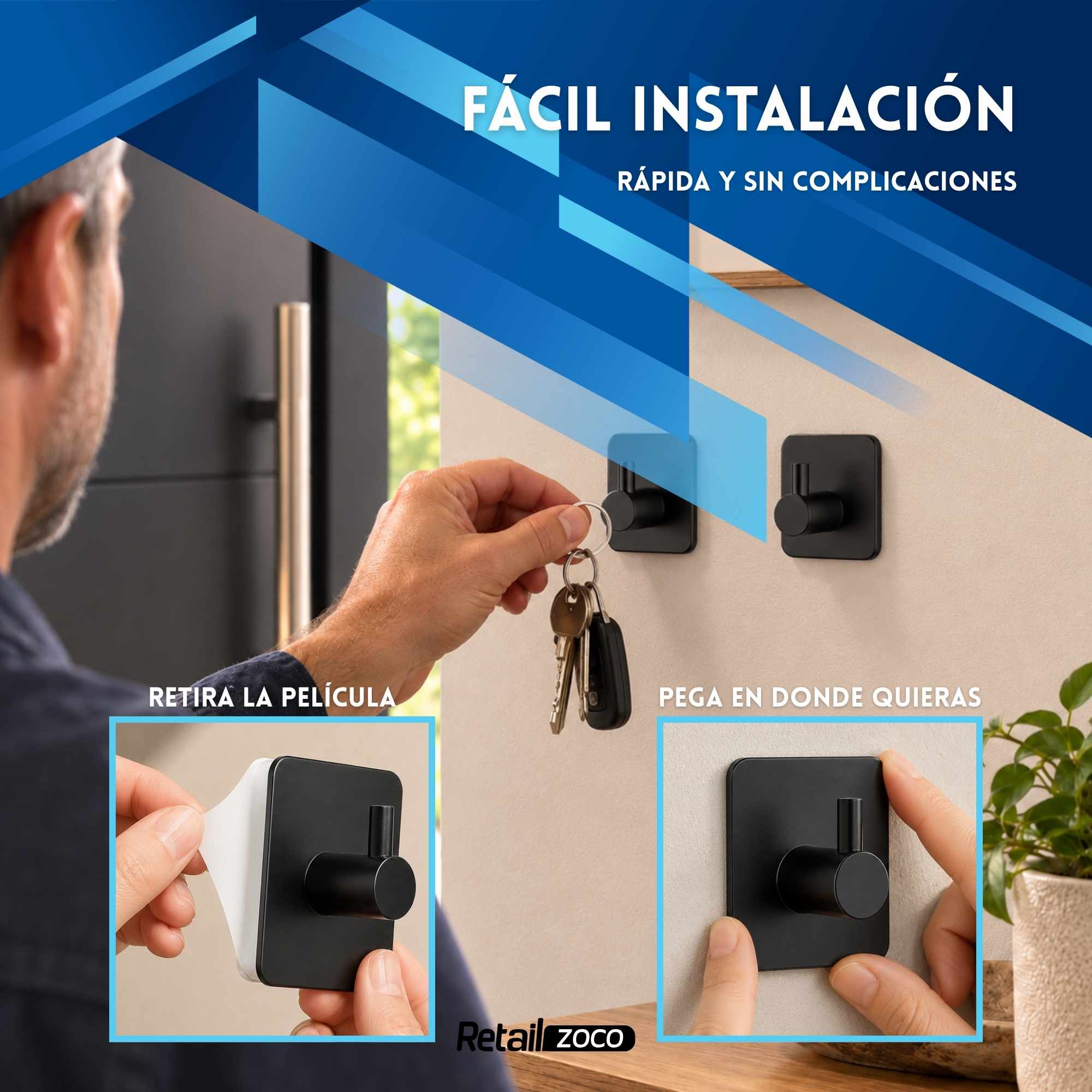 Ganchos adhesivos para pared acero inoxidable negros 6 unidades - imagen 6