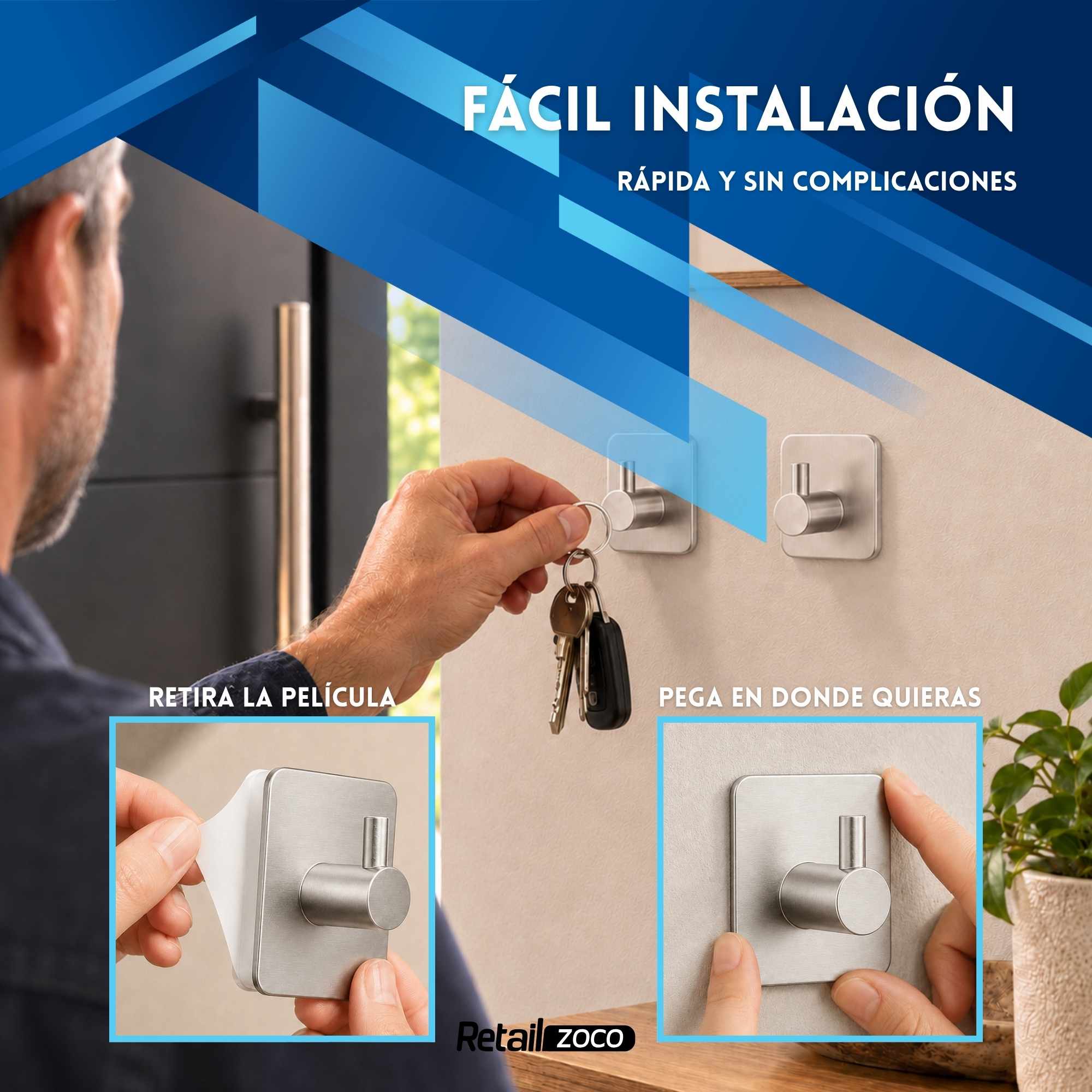 Ganchos adhesivos para pared acero inoxidable plateados 6 unidades - imagen 6