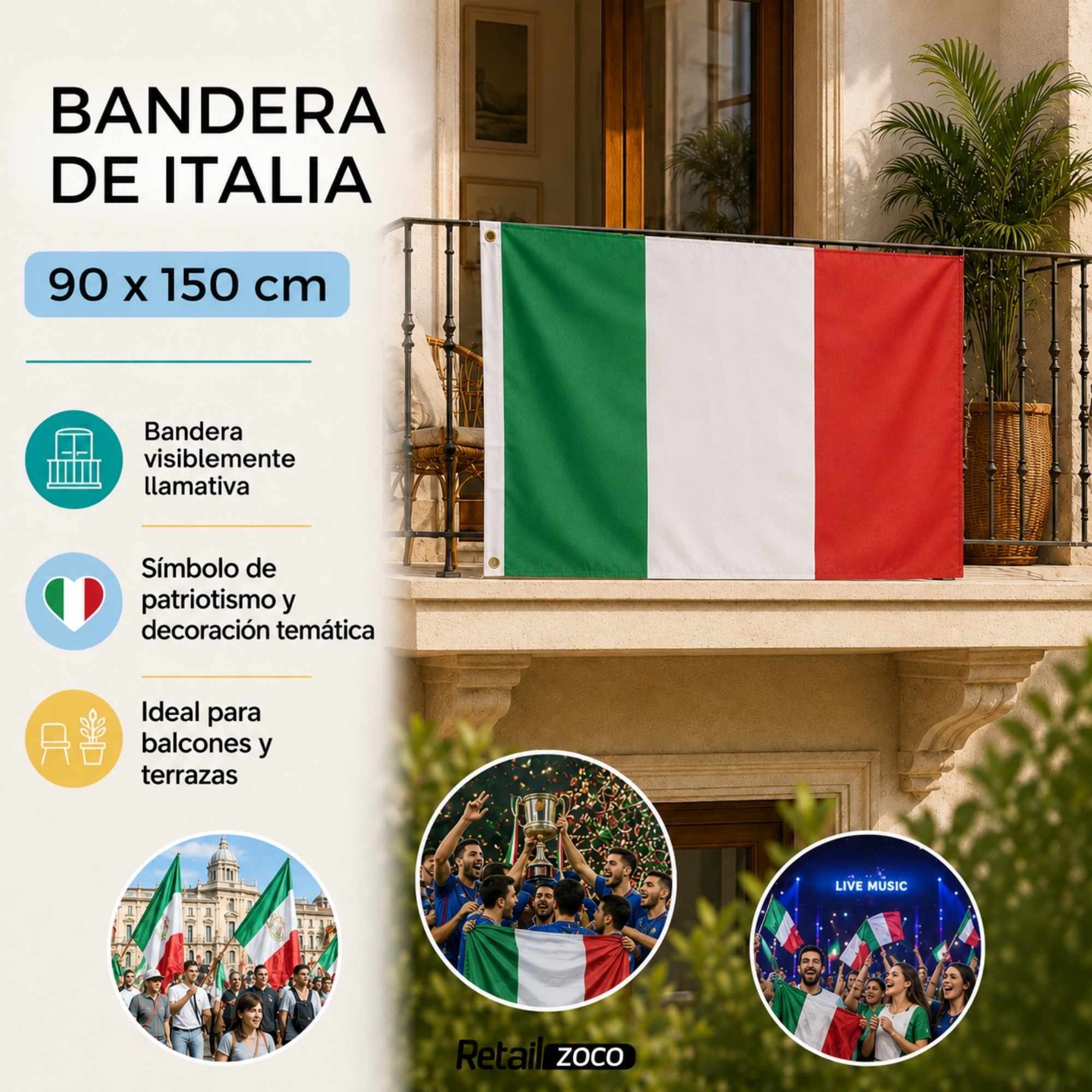 Bandera Italia grande para Exterior 90x150cm con ojales - imagen 2