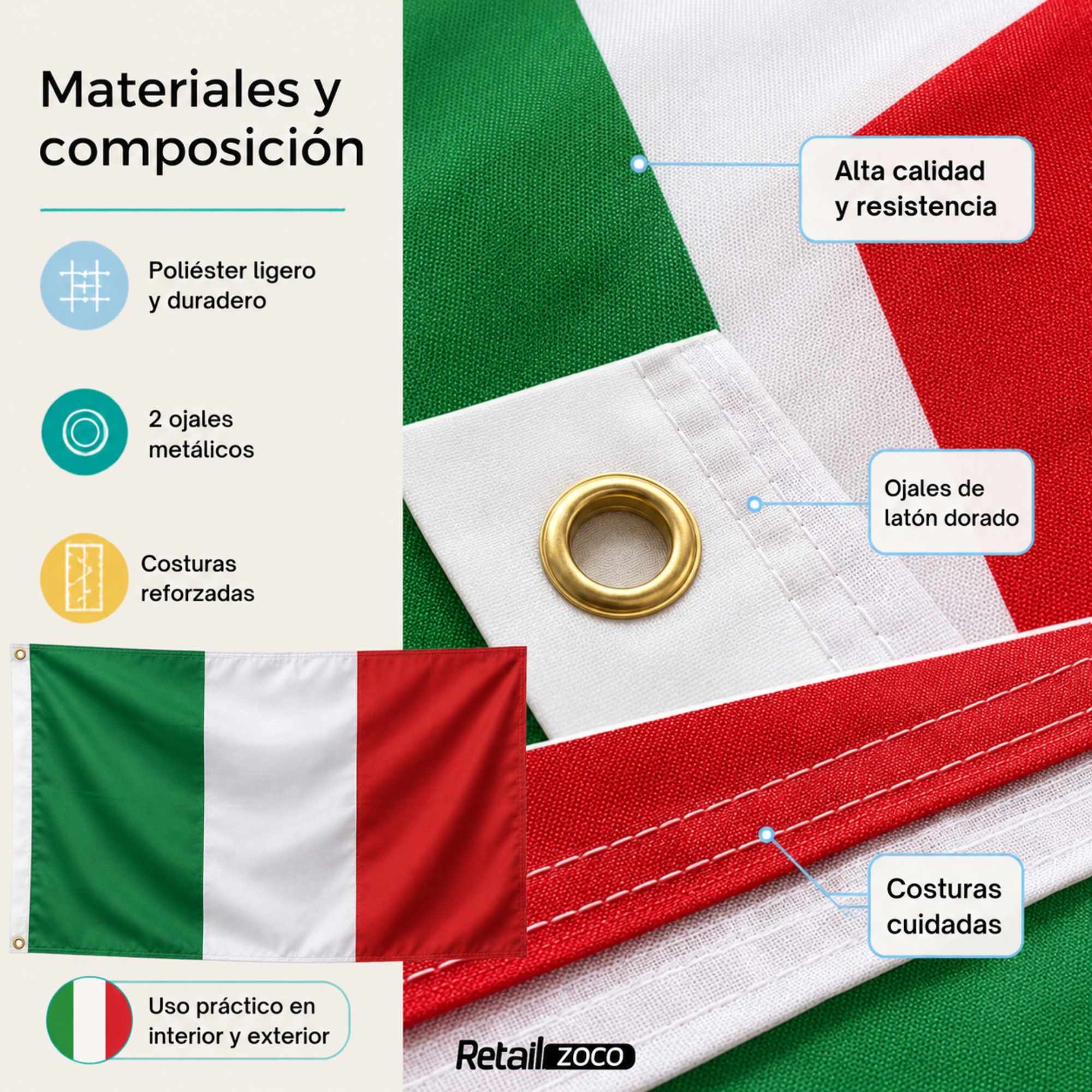 Bandera Italia grande para Exterior 90x150cm con ojales - imagen 5